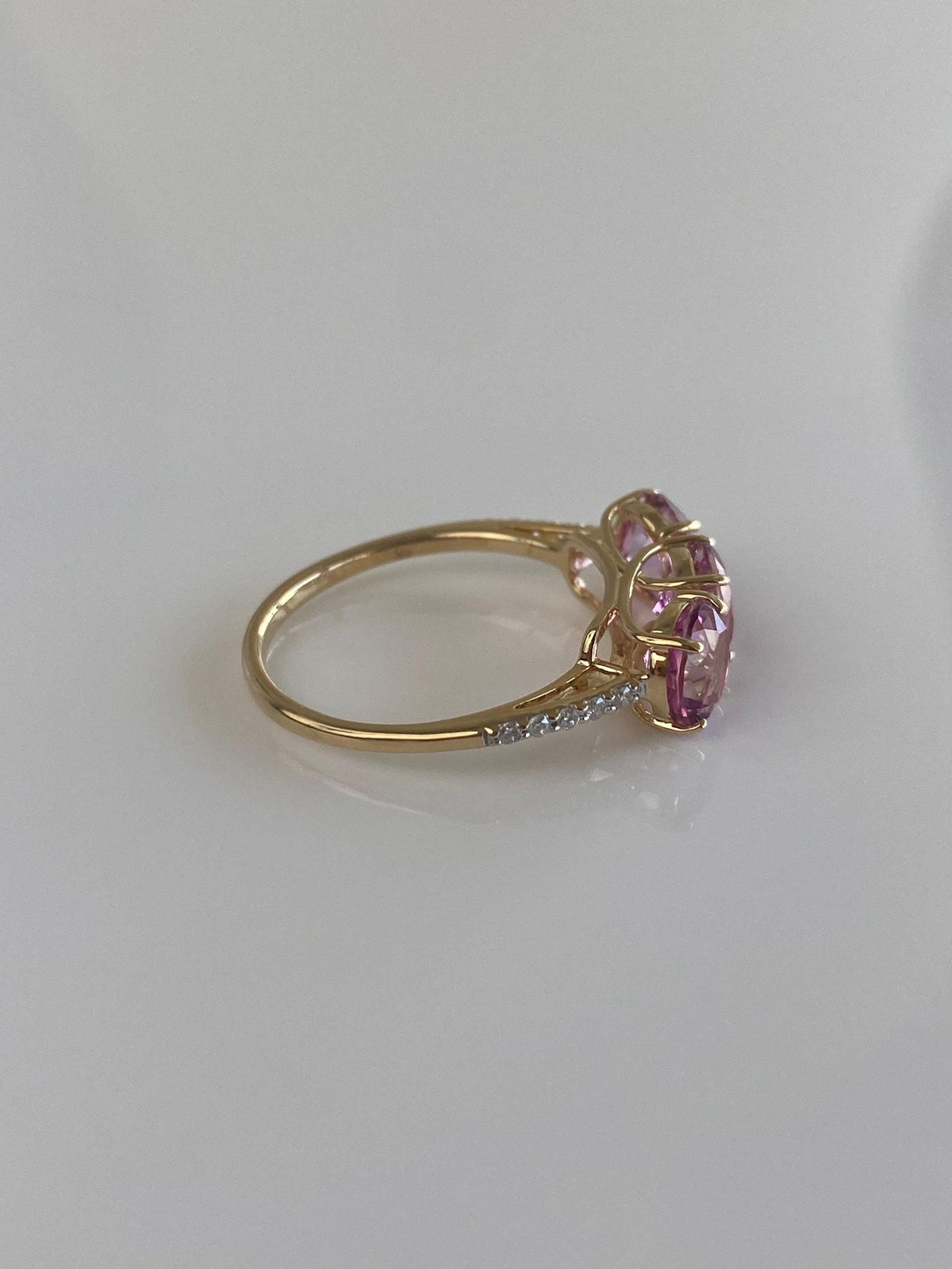 Vintage Solid 14k Yellow Gold Pink Sapphire Diamond Row Ring - Size 7