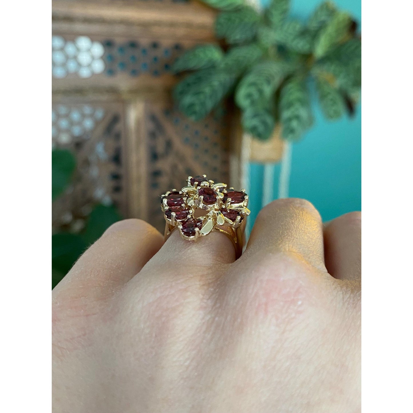 Vintage Solid 14k Yellow Gold Garnet Cluster Ring - Size 4.5