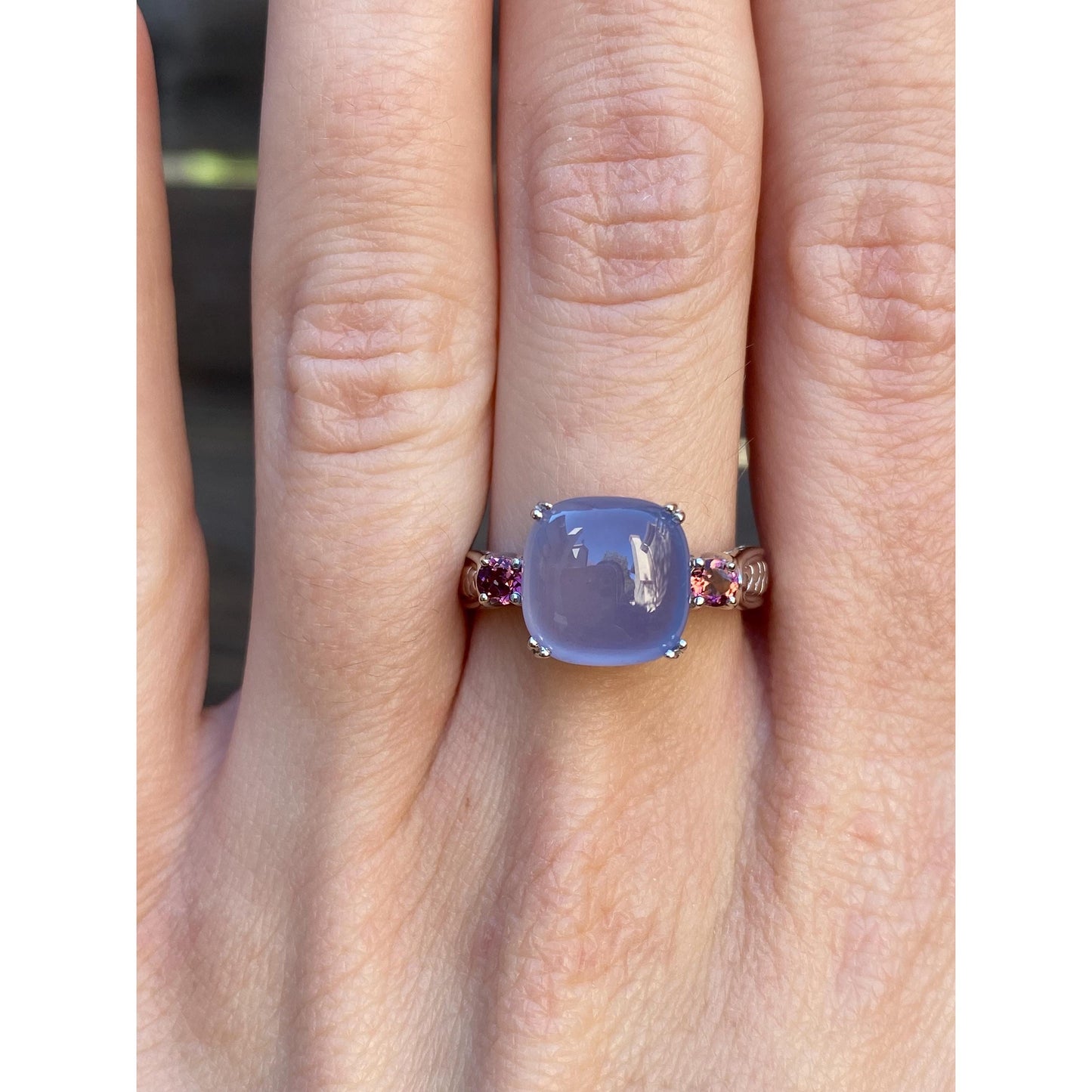 Vintage Solid 14k White Gold Blue Chalcedony Diamond Pink Cubic Zirconia Ring - Size 8.75