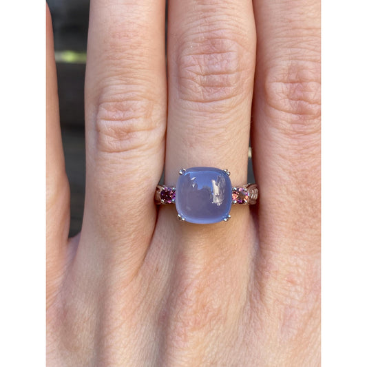 Vintage Solid 14k White Gold Blue Chalcedony Diamond Pink Cubic Zirconia Ring - Size 8.75