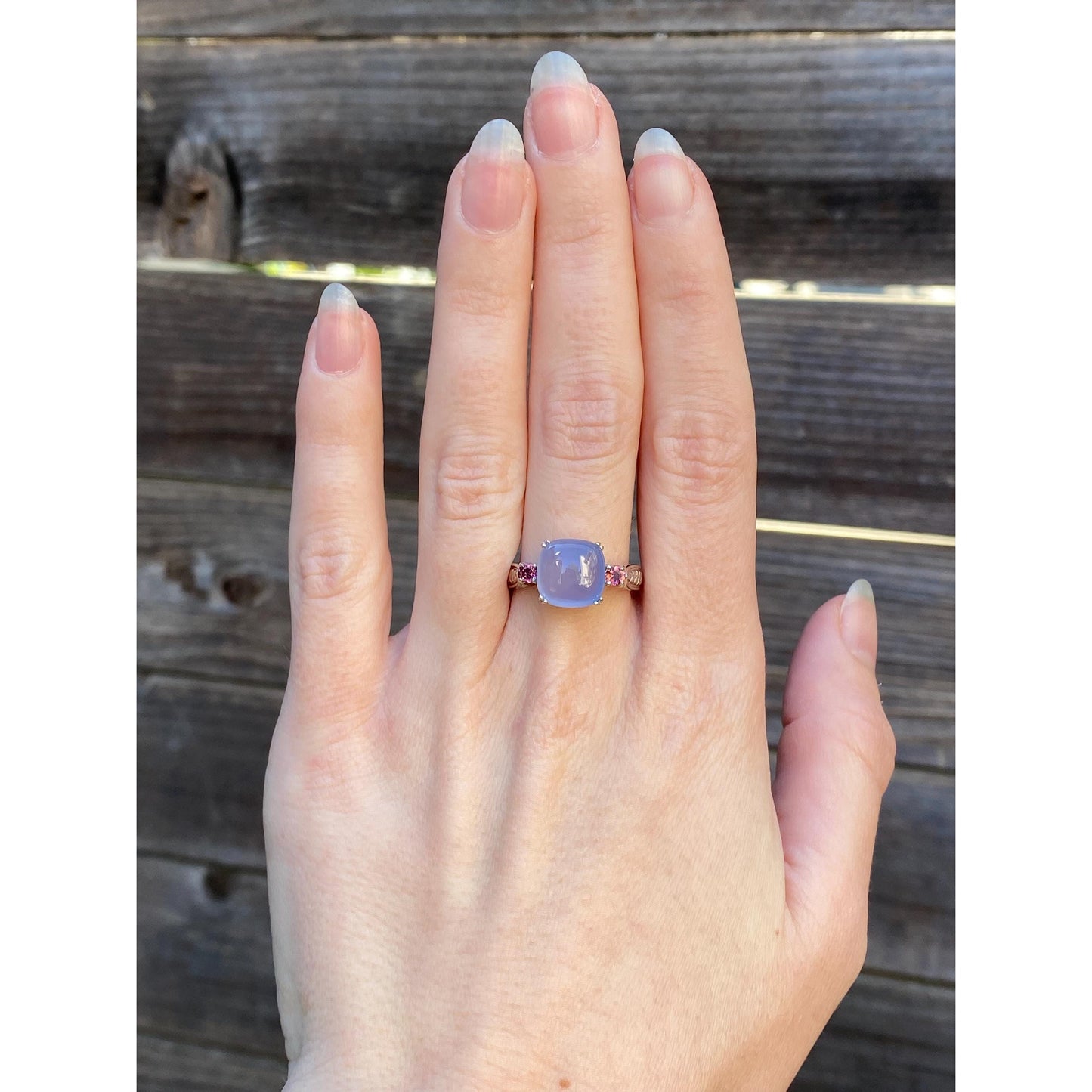 Vintage Solid 14k White Gold Blue Chalcedony Diamond Pink Cubic Zirconia Ring - Size 8.75