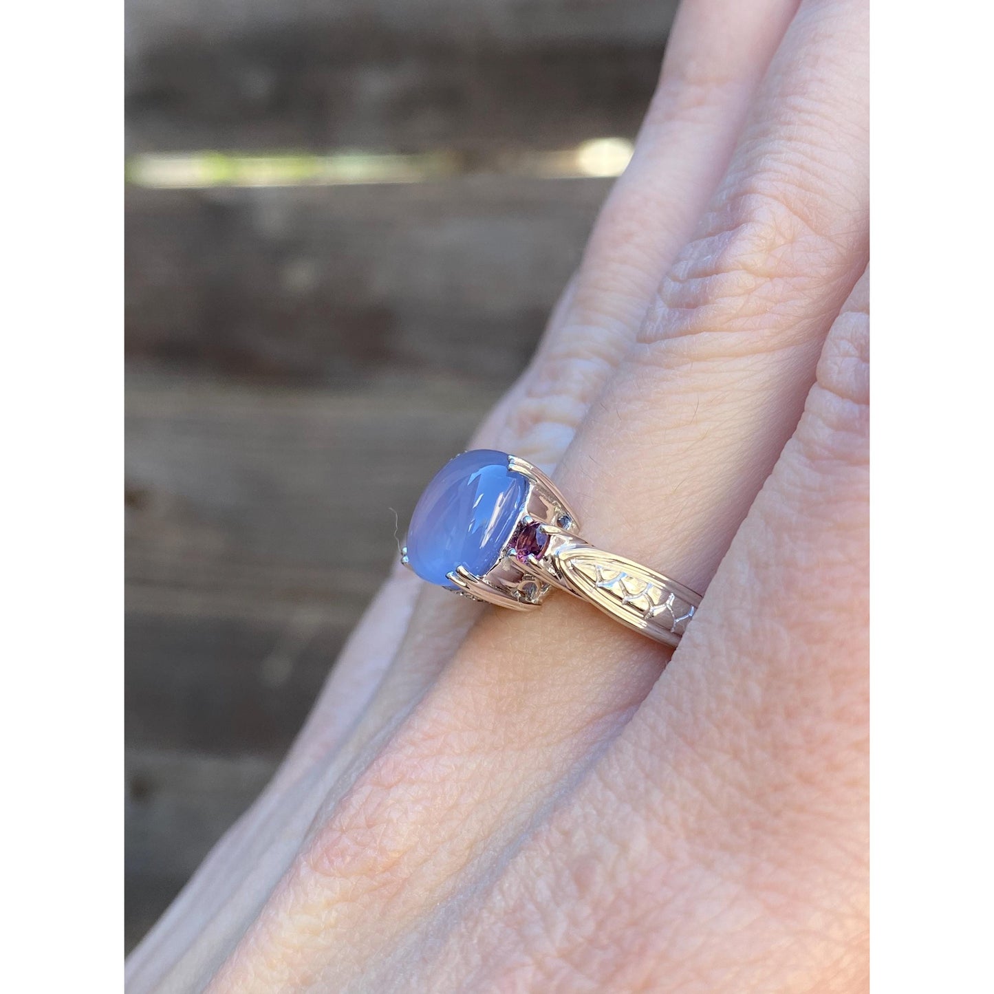 Vintage Solid 14k White Gold Blue Chalcedony Diamond Pink Cubic Zirconia Ring - Size 8.75