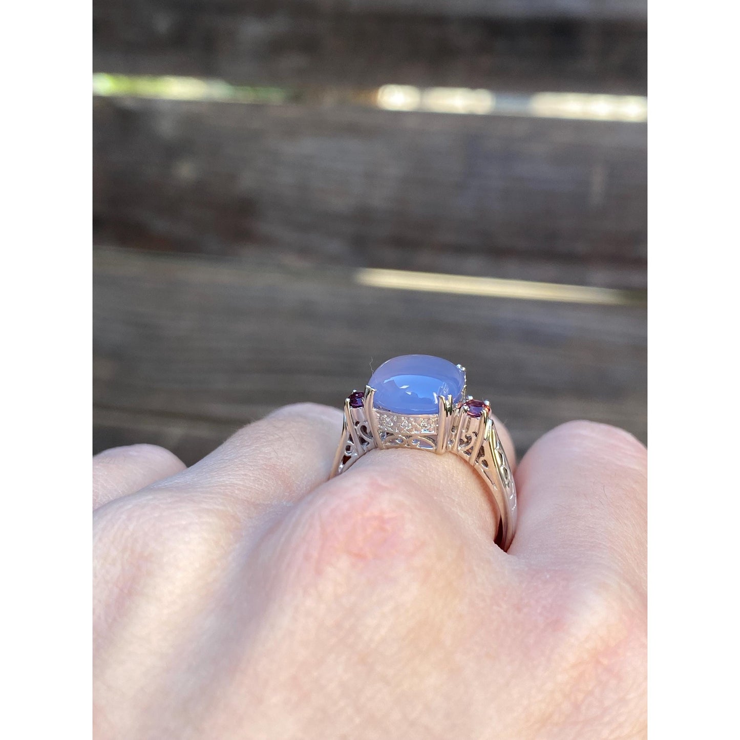 Vintage Solid 14k White Gold Blue Chalcedony Diamond Pink Cubic Zirconia Ring - Size 8.75