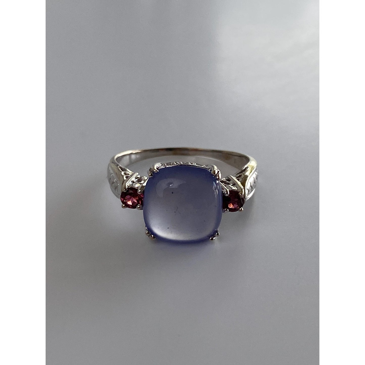 Vintage Solid 14k White Gold Blue Chalcedony Diamond Pink Cubic Zirconia Ring - Size 8.75