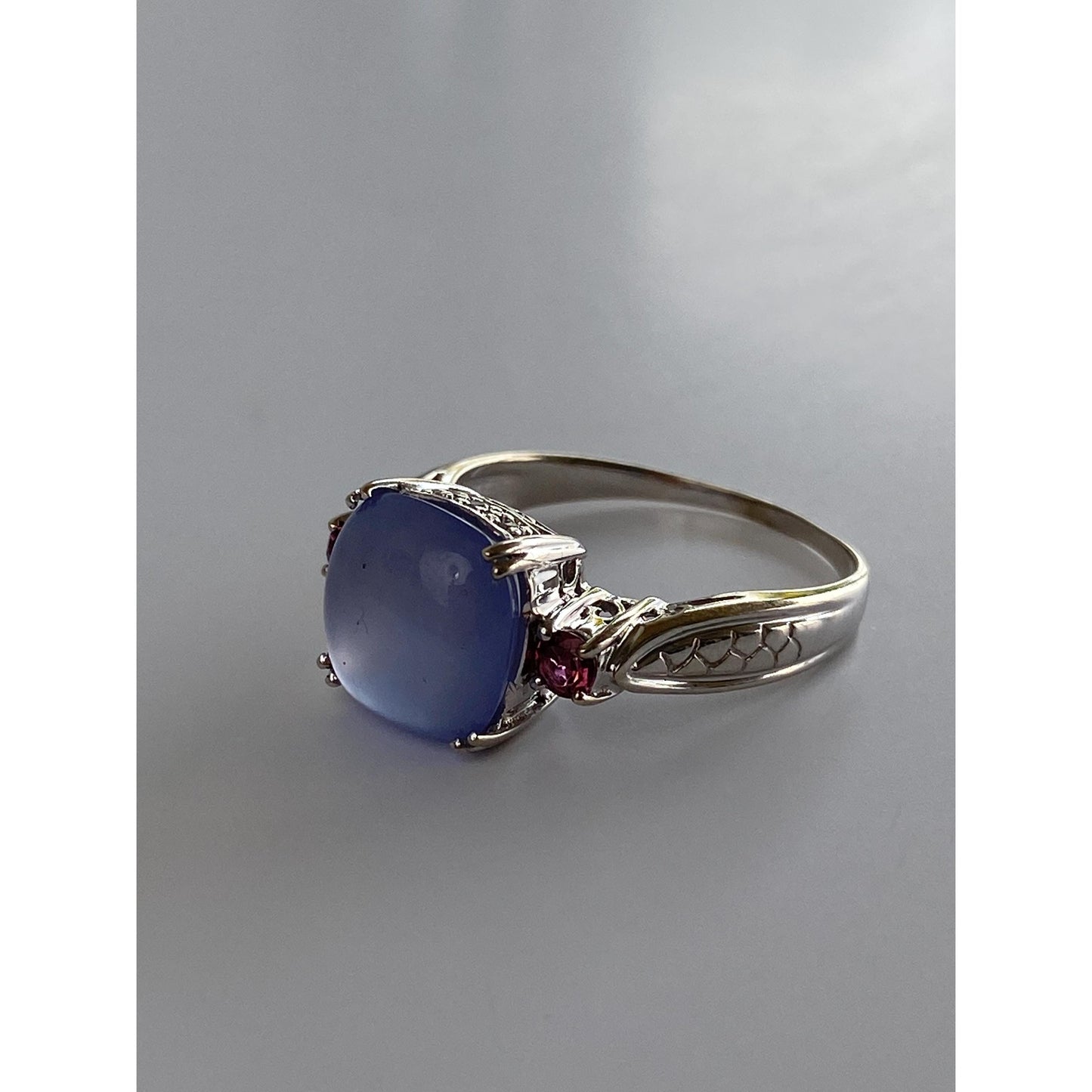Vintage Solid 14k White Gold Blue Chalcedony Diamond Pink Cubic Zirconia Ring - Size 8.75