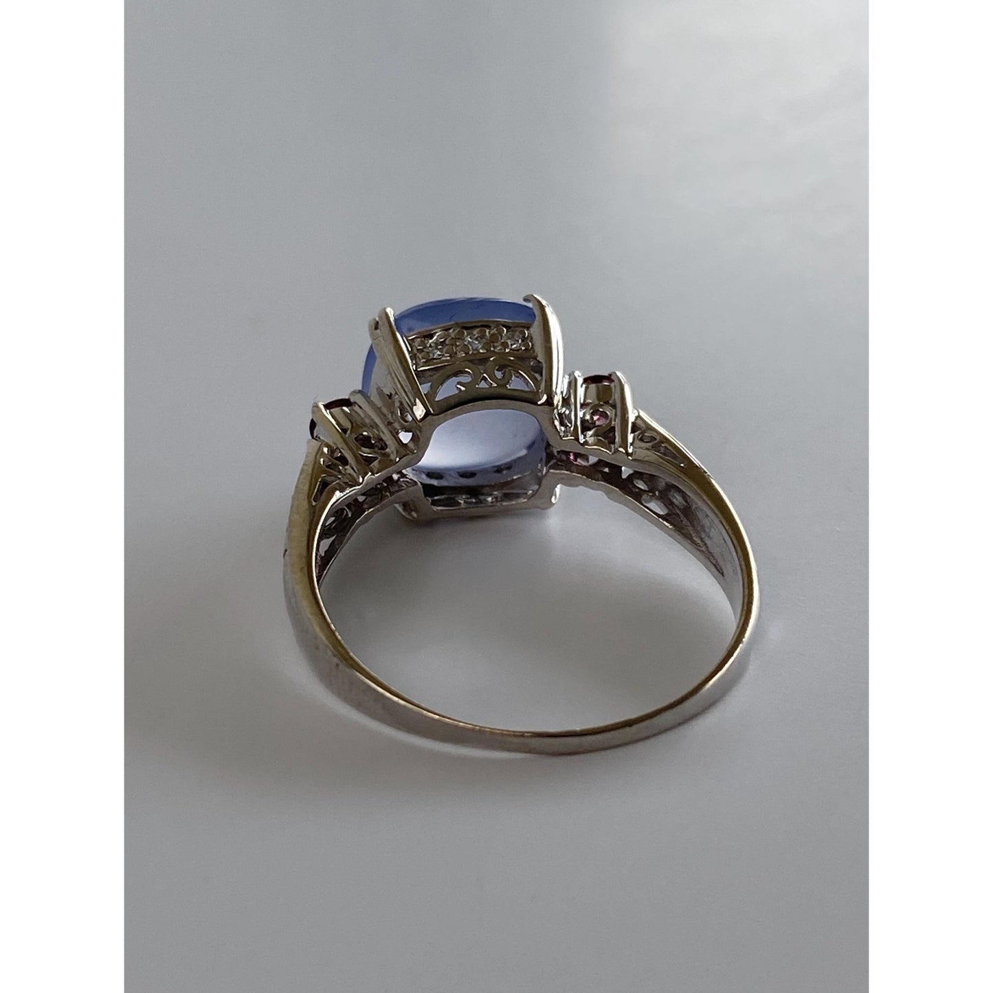 Vintage Solid 14k White Gold Blue Chalcedony Diamond Pink Cubic Zirconia Ring - Size 8.75