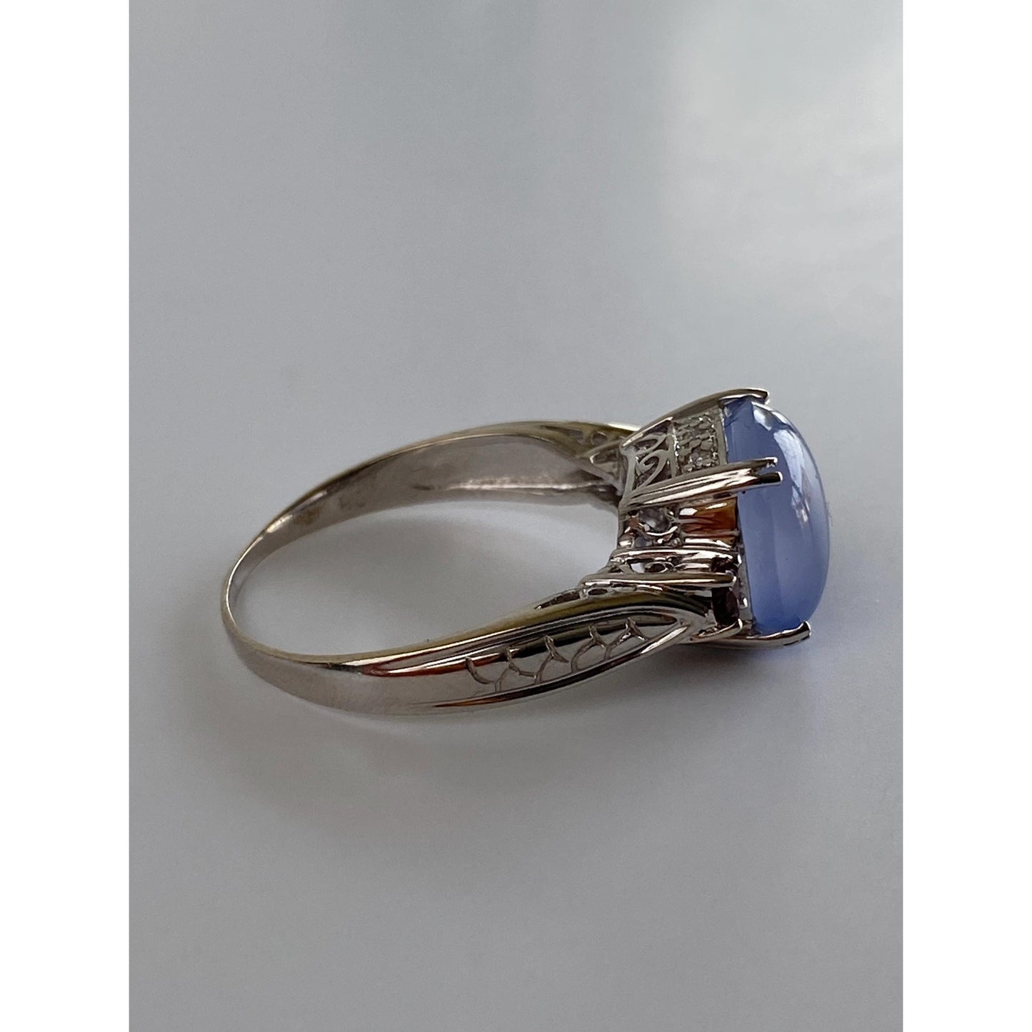 Vintage Solid 14k White Gold Blue Chalcedony Diamond Pink Cubic Zirconia Ring - Size 8.75