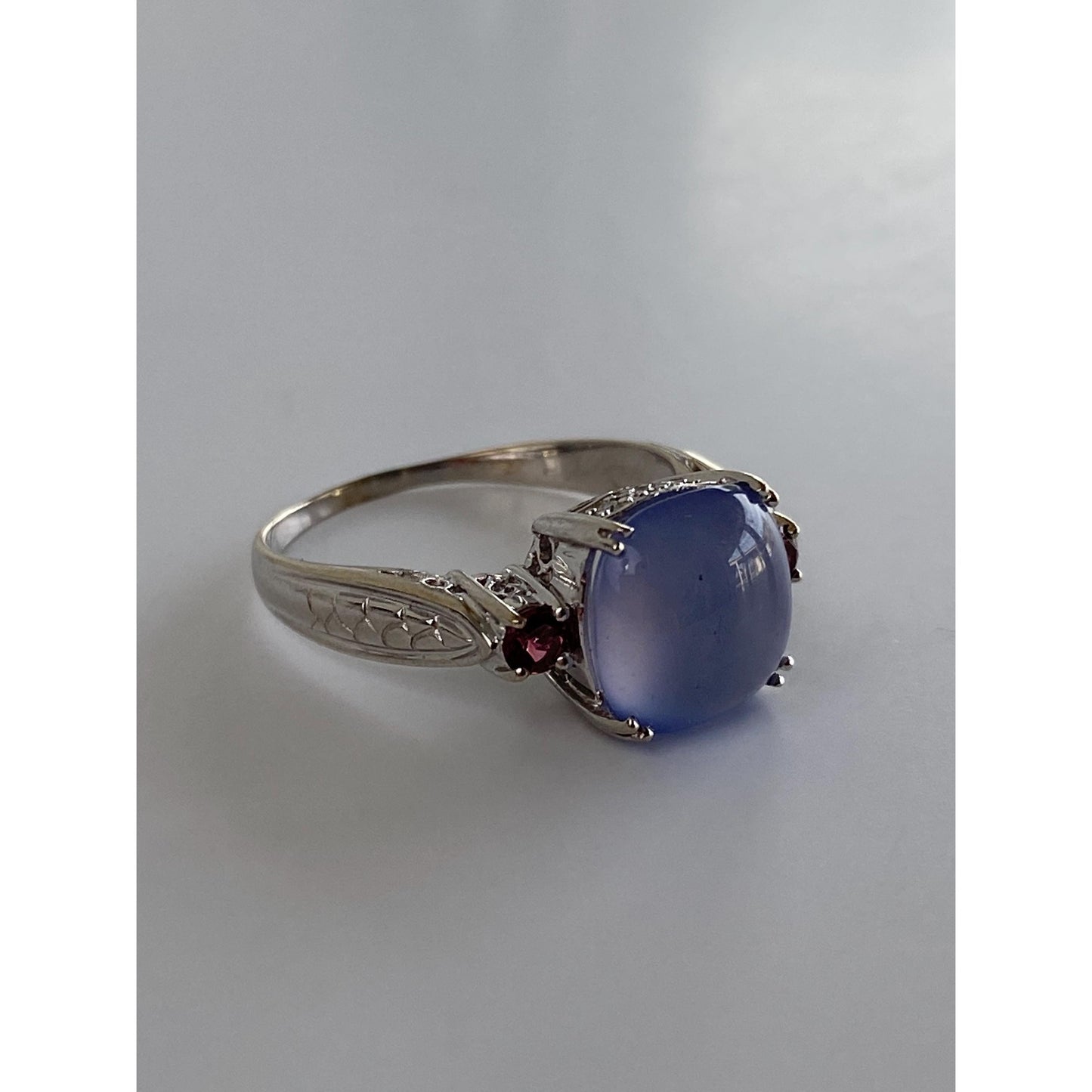 Vintage Solid 14k White Gold Blue Chalcedony Diamond Pink Cubic Zirconia Ring - Size 8.75