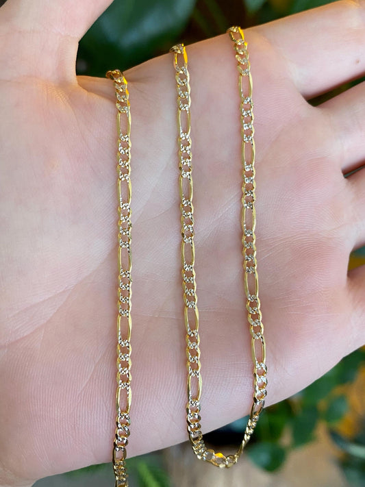 Vintage Solid 14k White & Yellow Gold Diamond Cut Figaro Chain Necklace - 16 inches