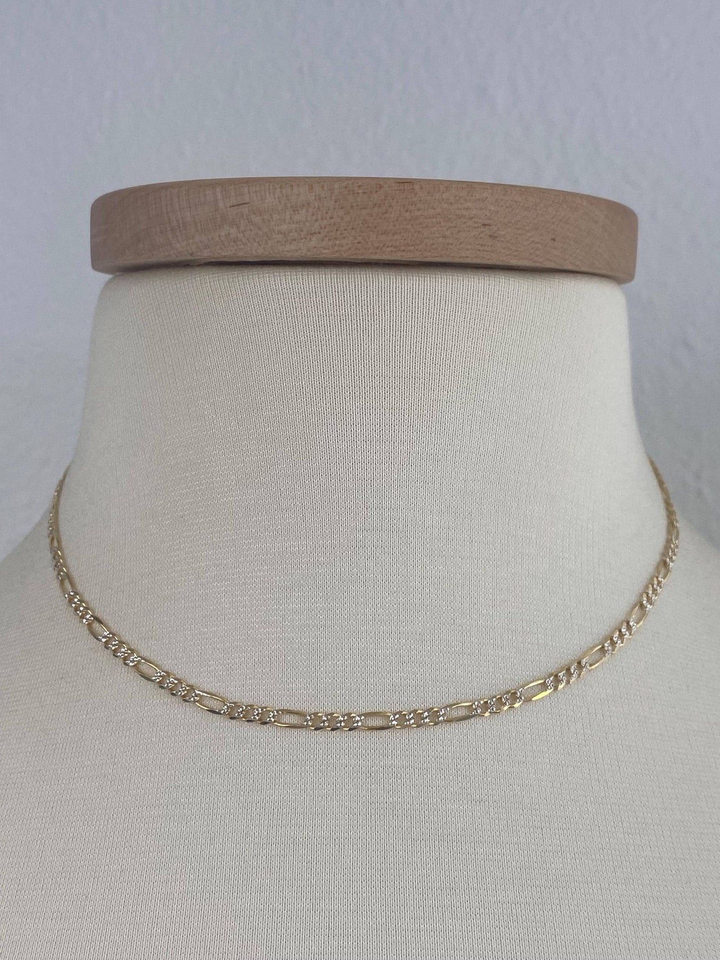 Vintage Solid 14k White & Yellow Gold Diamond Cut Figaro Chain Necklace - 16 inches