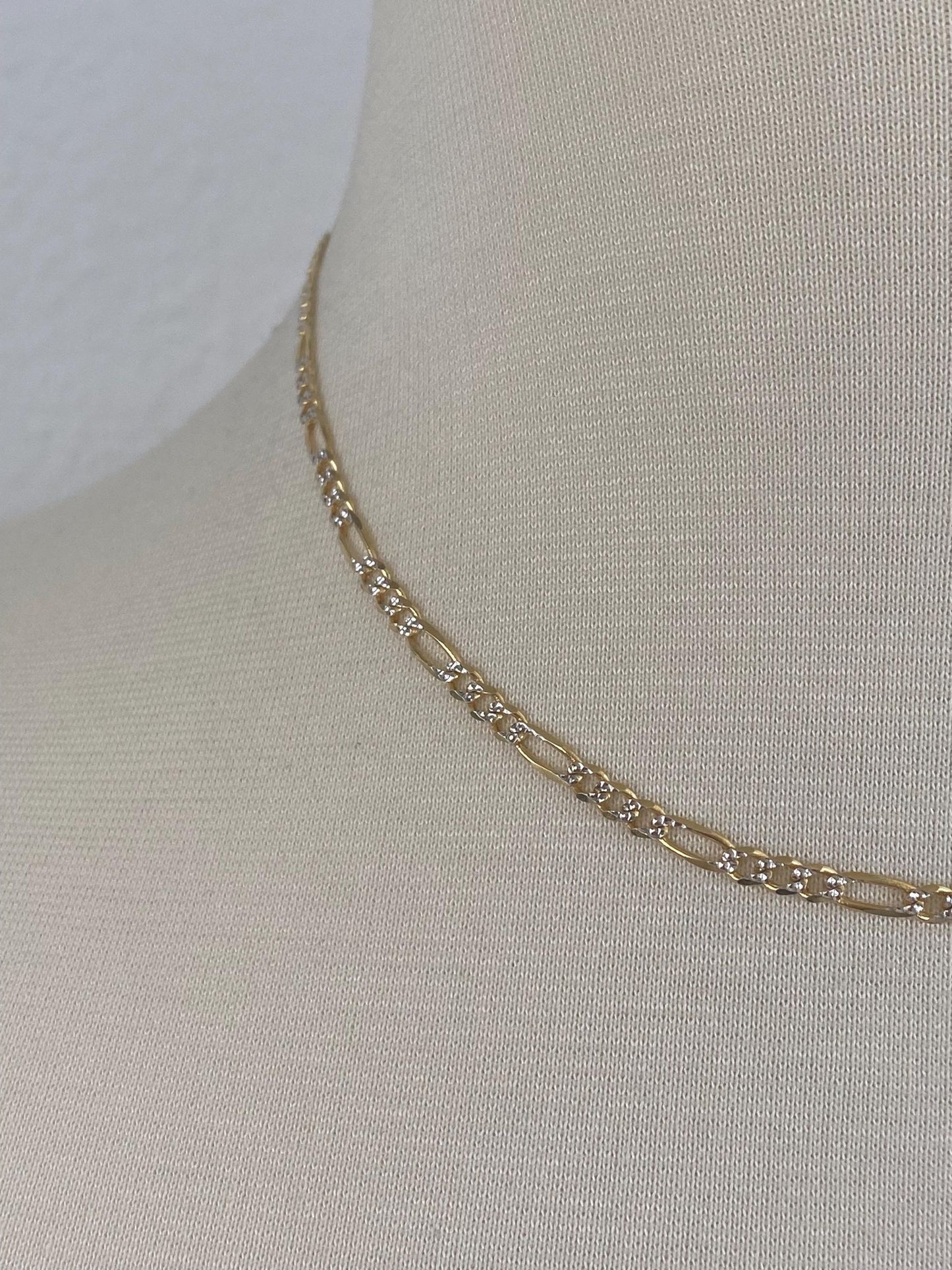 Vintage Solid 14k White & Yellow Gold Diamond Cut Figaro Chain Necklace - 16 inches