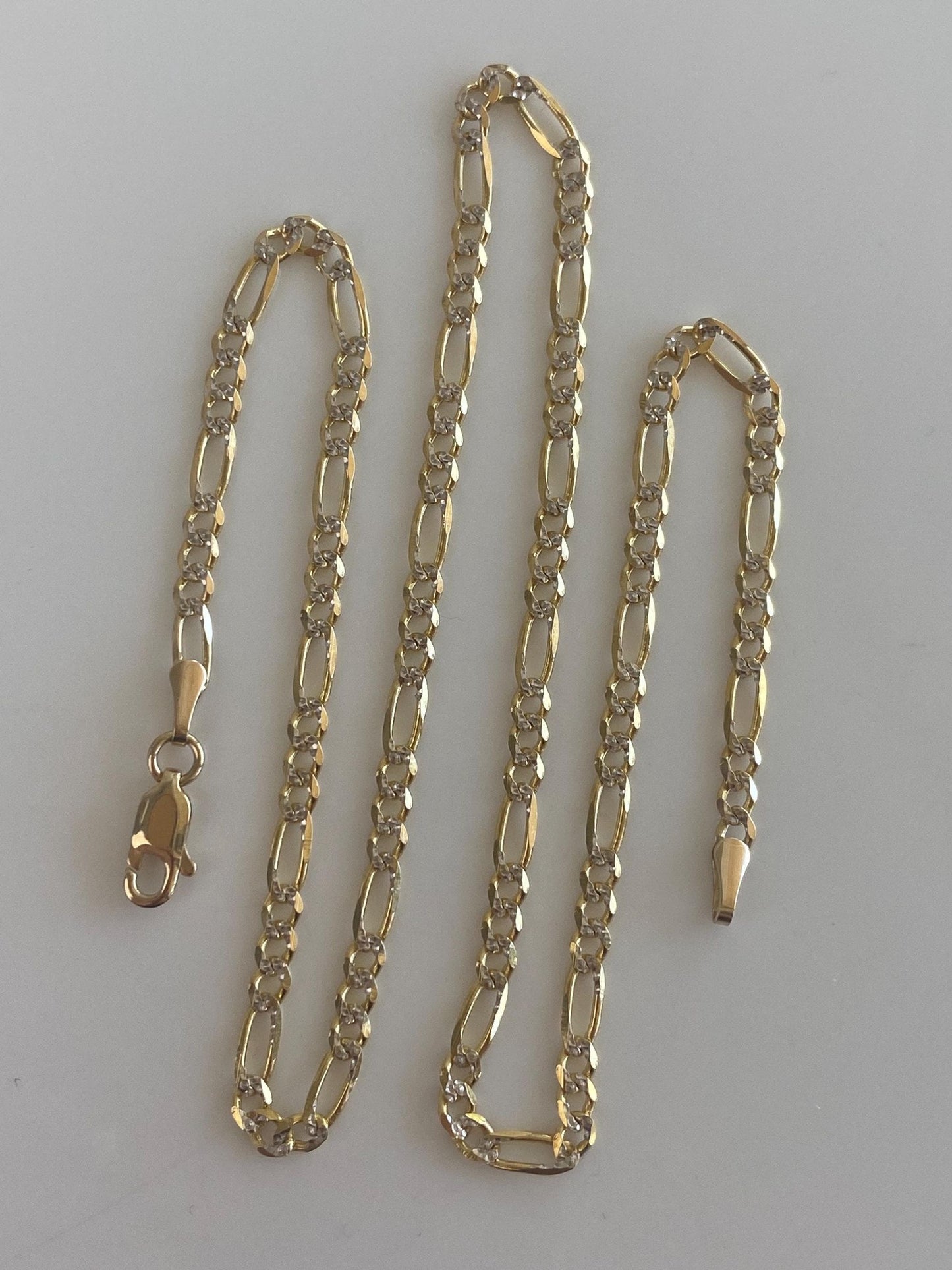 Vintage Solid 14k White & Yellow Gold Diamond Cut Figaro Chain Necklace - 16 inches