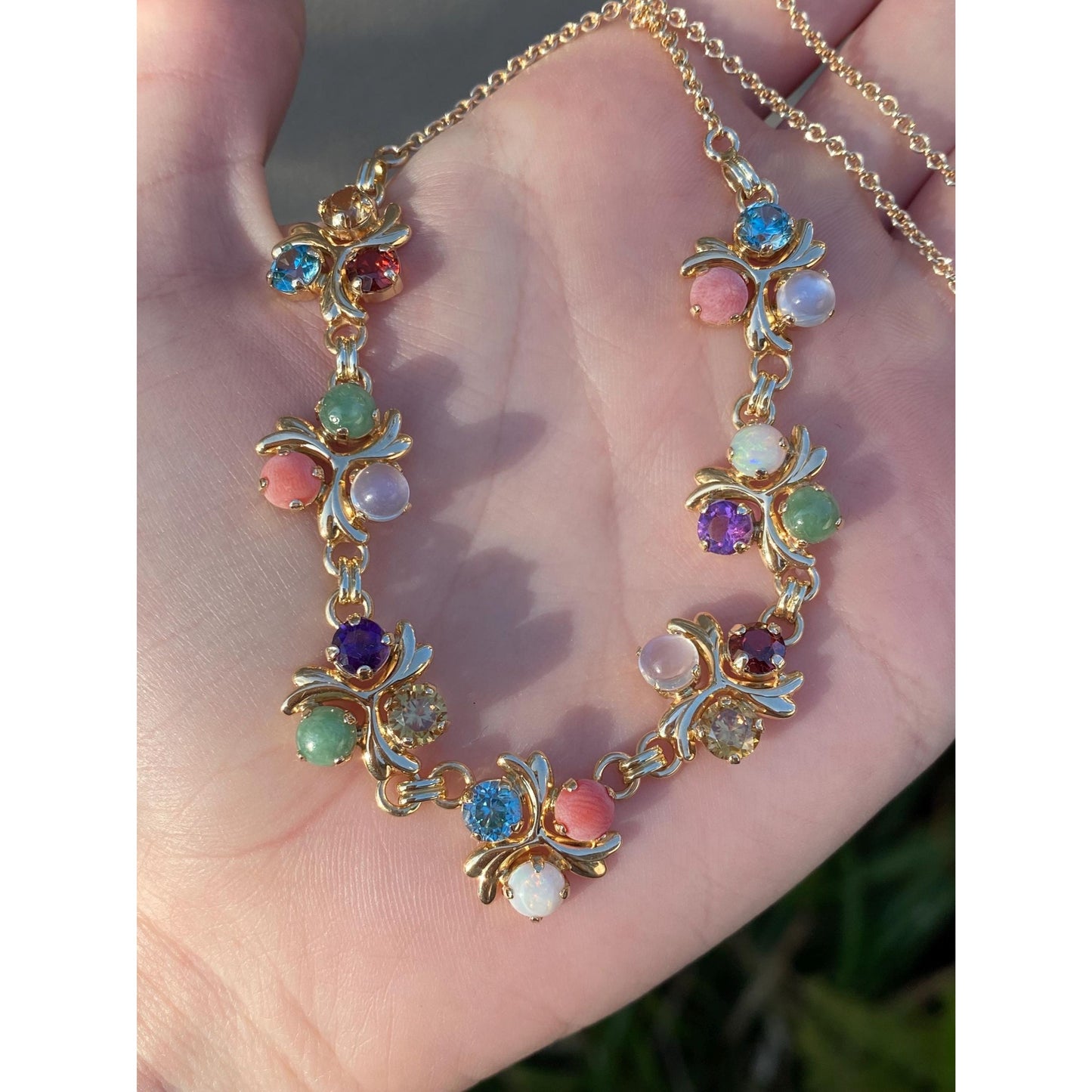 Solid 14k Yellow Gold Topaz Moonstone Amethyst Citrine Opal Garnet Nephrite Cable Link Chain Necklace - 16.25 inches