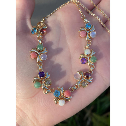 Solid 14k Yellow Gold Topaz Moonstone Amethyst Citrine Opal Garnet Nephrite Cable Link Chain Necklace - 16.25 inches