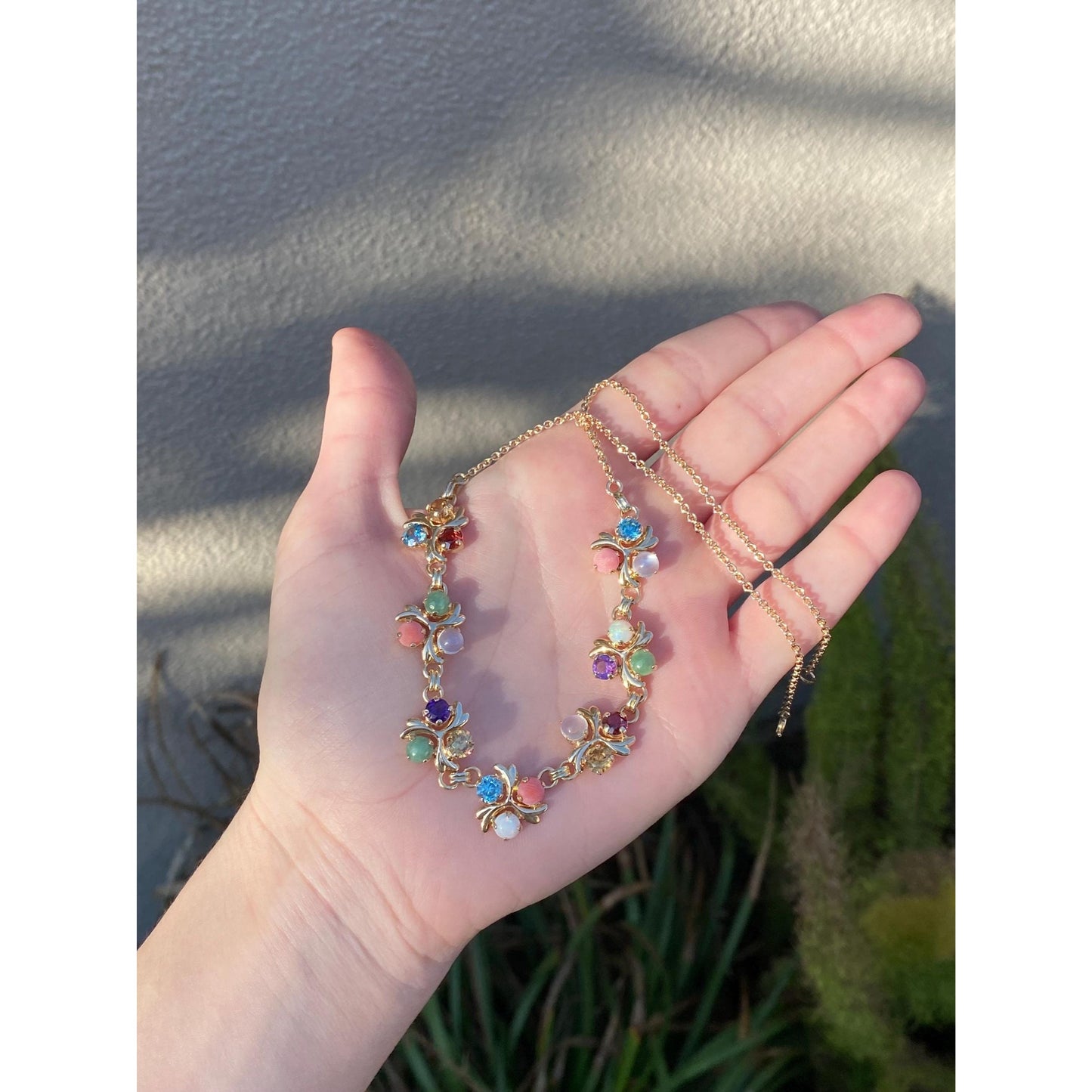 Solid 14k Yellow Gold Topaz Moonstone Amethyst Citrine Opal Garnet Nephrite Cable Link Chain Necklace - 16.25 inches