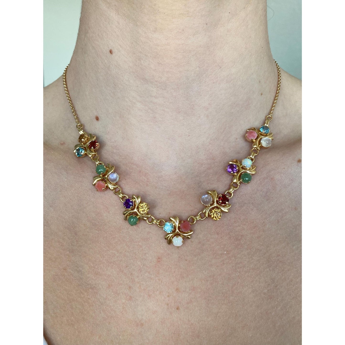 Solid 14k Yellow Gold Topaz Moonstone Amethyst Citrine Opal Garnet Nephrite Cable Link Chain Necklace - 16.25 inches