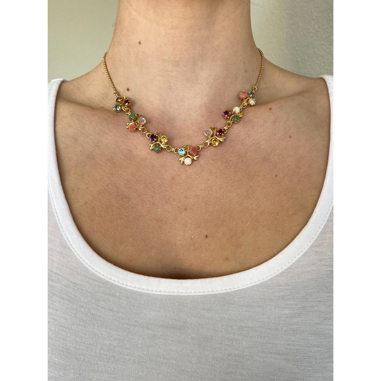 Solid 14k Yellow Gold Topaz Moonstone Amethyst Citrine Opal Garnet Nephrite Cable Link Chain Necklace - 16.25 inches