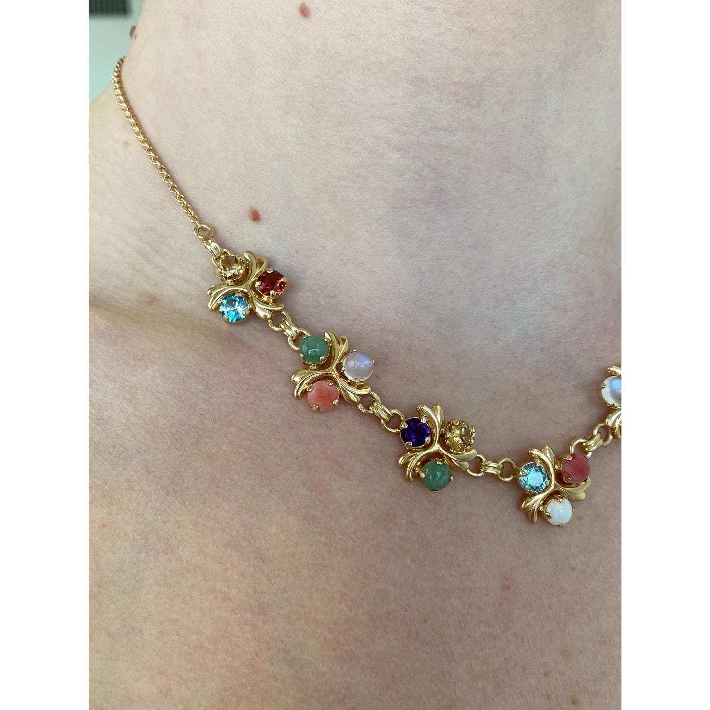 Solid 14k Yellow Gold Topaz Moonstone Amethyst Citrine Opal Garnet Nephrite Cable Link Chain Necklace - 16.25 inches