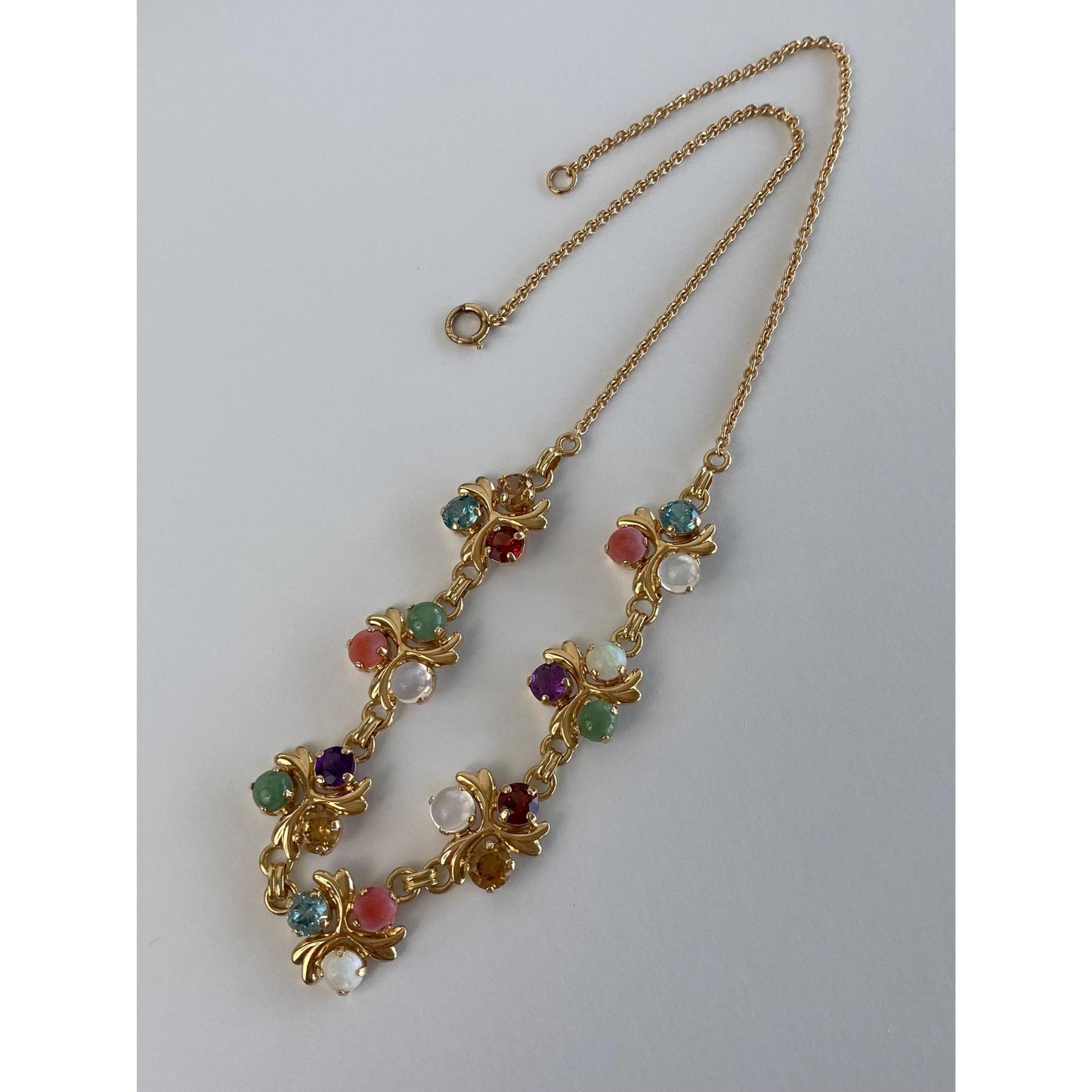 Solid 14k Yellow Gold Topaz Moonstone Amethyst Citrine Opal Garnet Nephrite Cable Link Chain Necklace - 16.25 inches