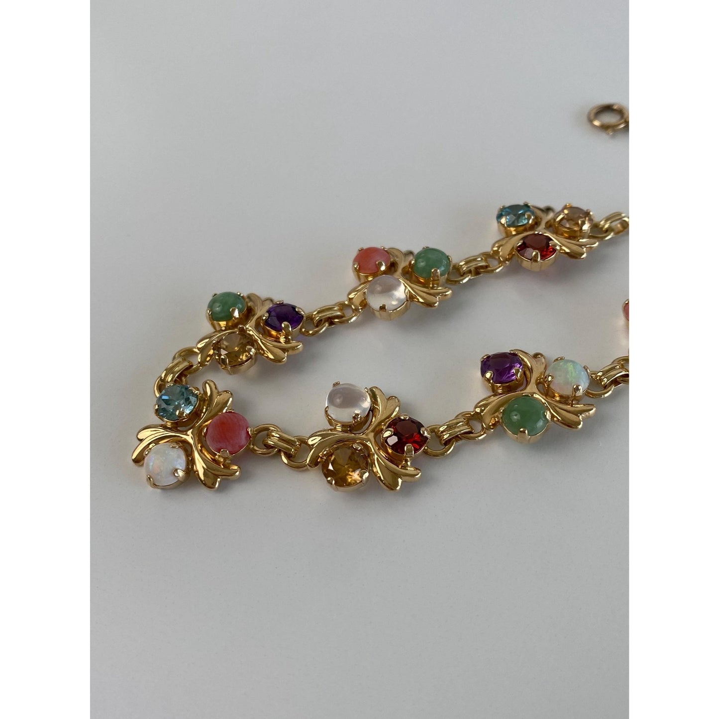 Solid 14k Yellow Gold Topaz Moonstone Amethyst Citrine Opal Garnet Nephrite Cable Link Chain Necklace - 16.25 inches