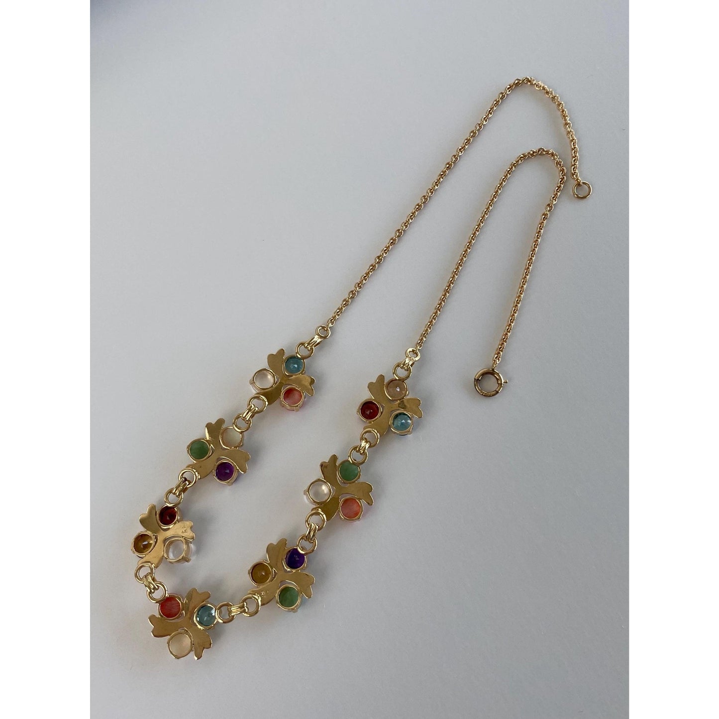 Solid 14k Yellow Gold Topaz Moonstone Amethyst Citrine Opal Garnet Nephrite Cable Link Chain Necklace - 16.25 inches