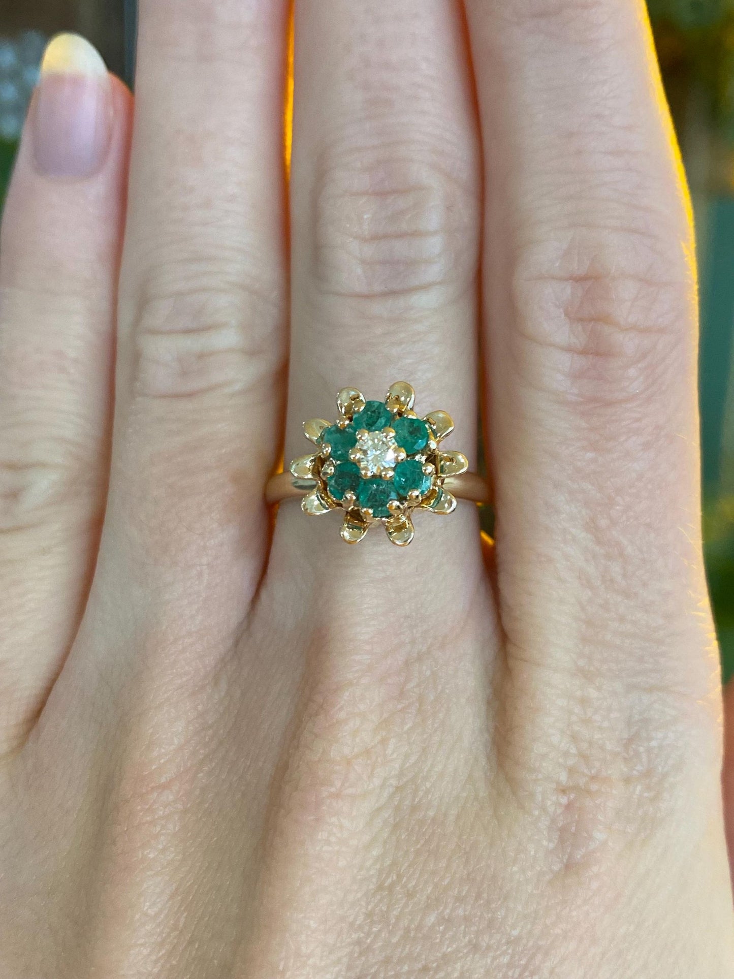 Vintage Solid 14k Yellow Gold Diamond Emerald Halo Flower Ring - Size 7