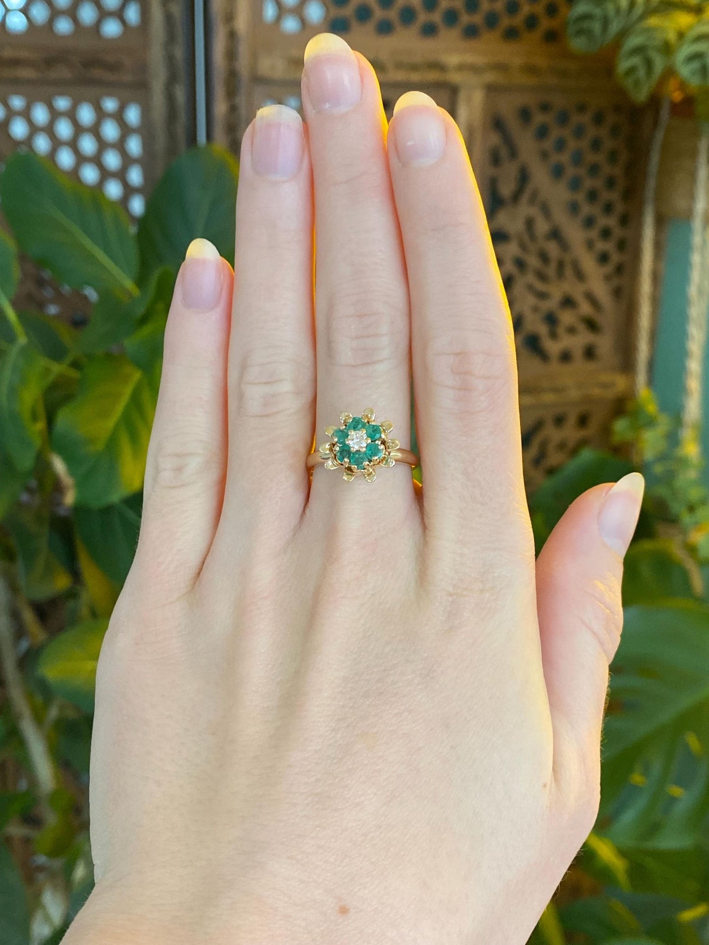 Vintage Solid 14k Yellow Gold Diamond Emerald Halo Flower Ring - Size 7