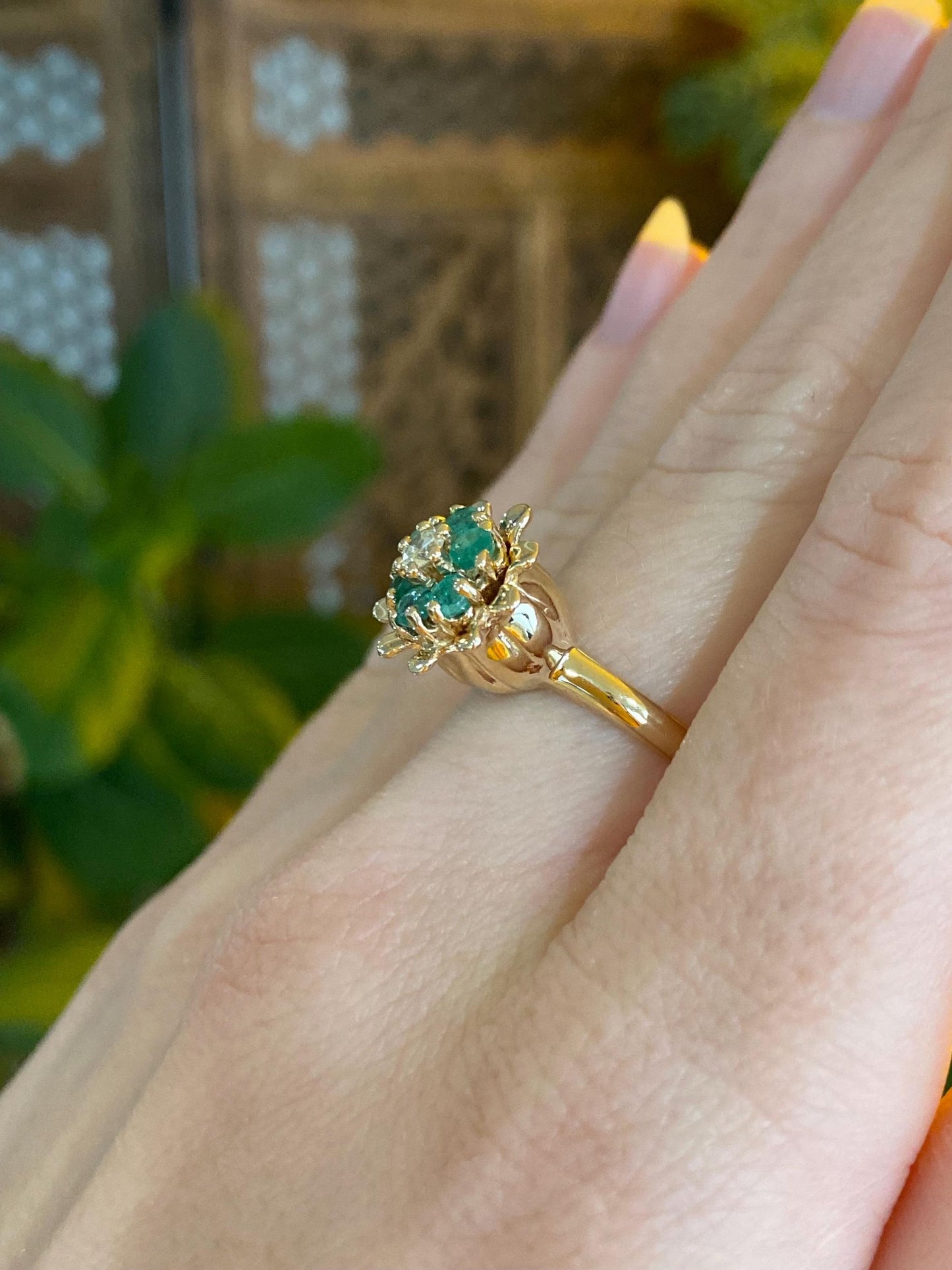 Vintage Solid 14k Yellow Gold Diamond Emerald Halo Flower Ring - Size 7