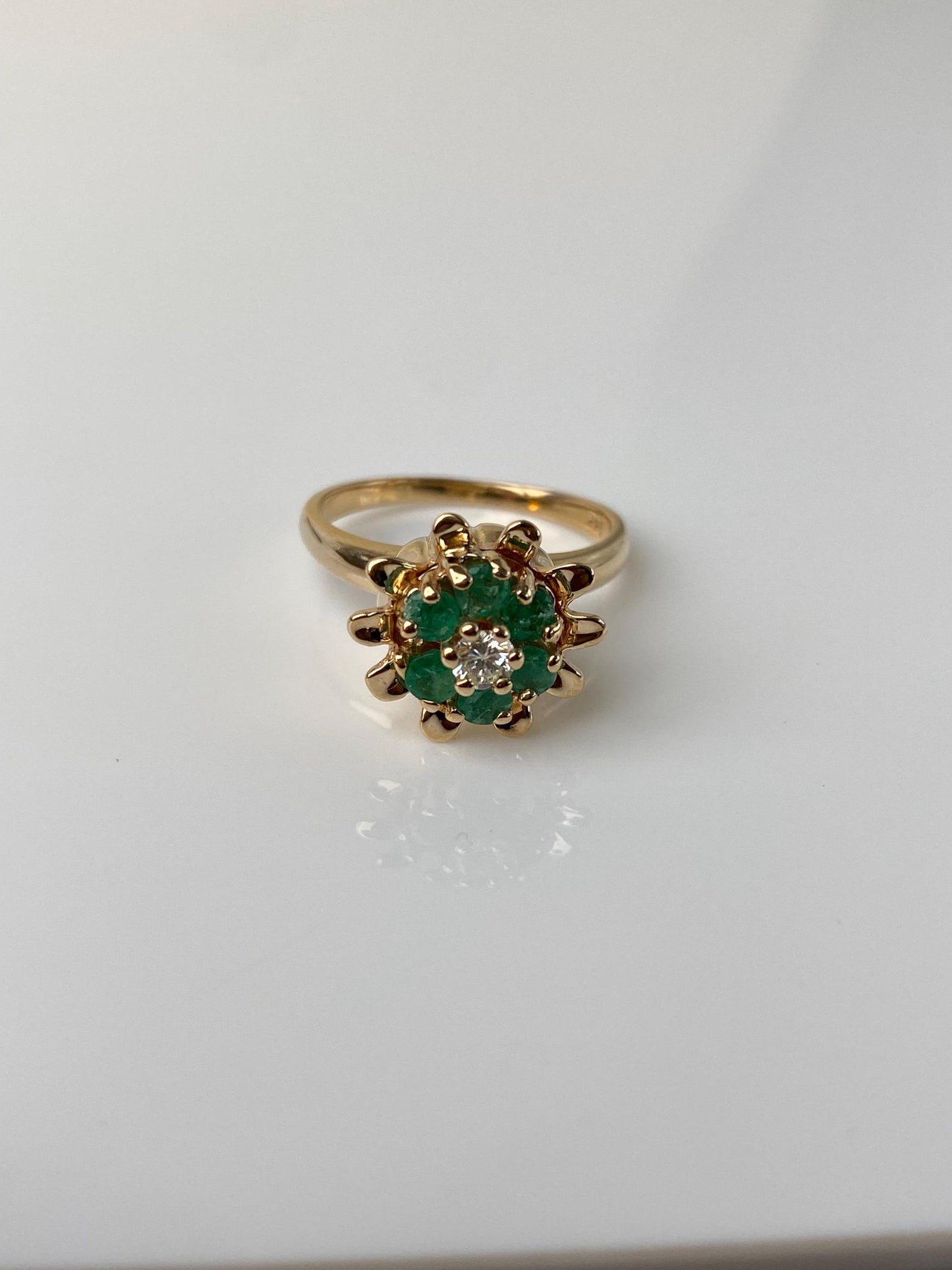 Vintage Solid 14k Yellow Gold Diamond Emerald Halo Flower Ring - Size 7