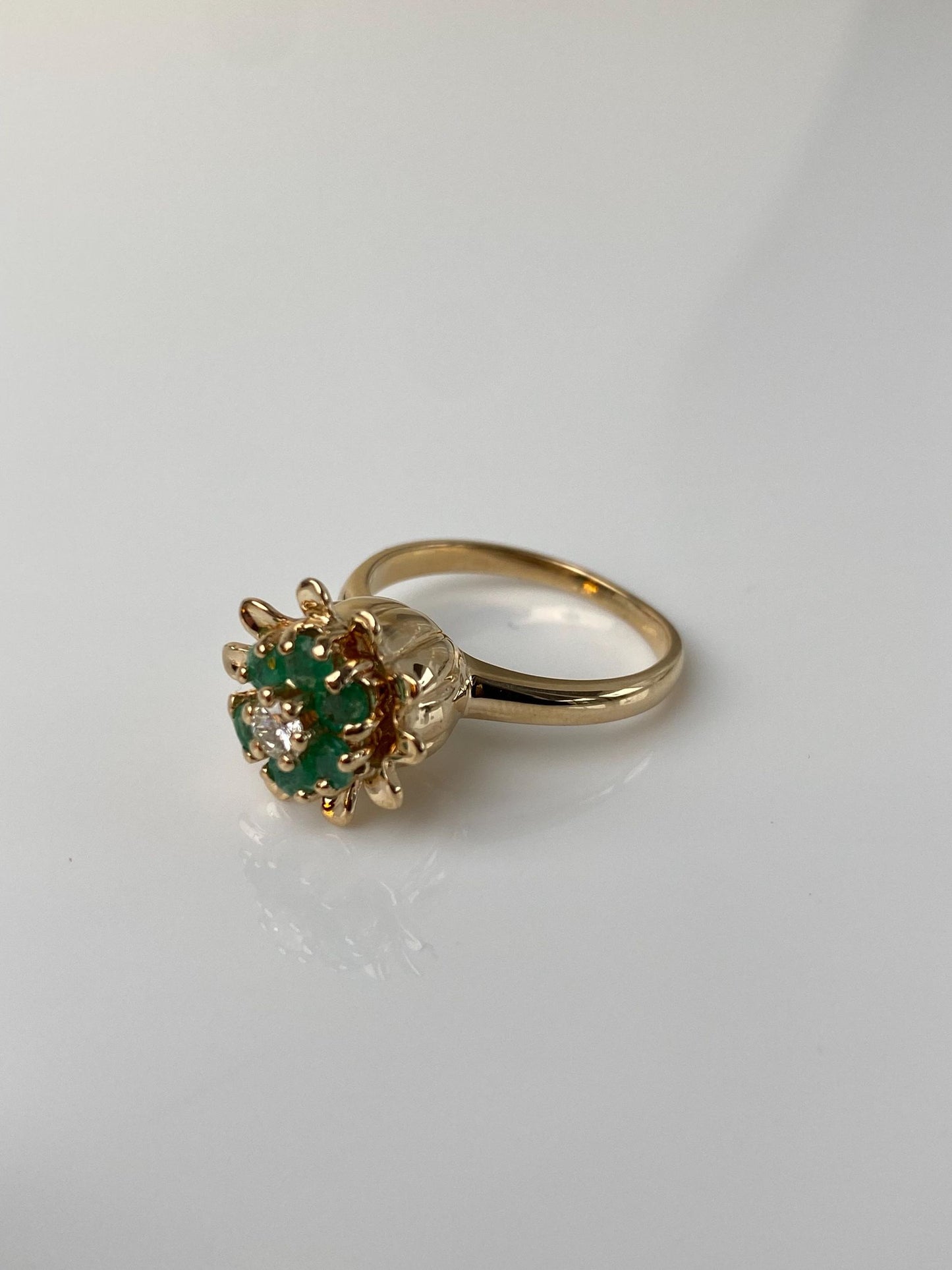 Vintage Solid 14k Yellow Gold Diamond Emerald Halo Flower Ring - Size 7