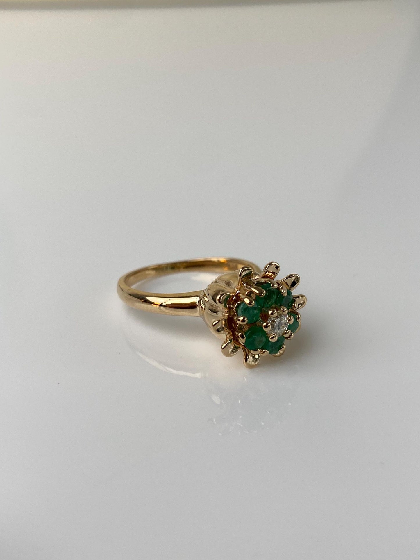 Vintage Solid 14k Yellow Gold Diamond Emerald Halo Flower Ring - Size 7