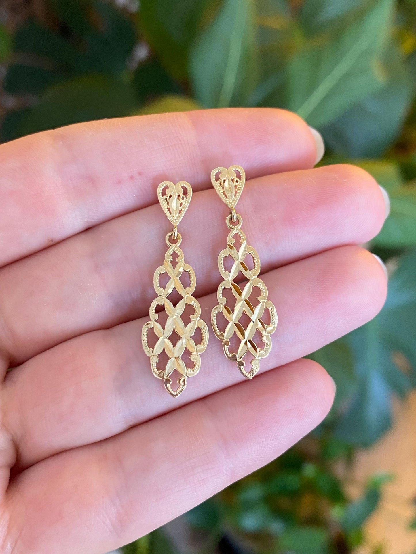 Vintage Solid 14k Yellow Gold Diamond Cut Dangle Stud Earrings