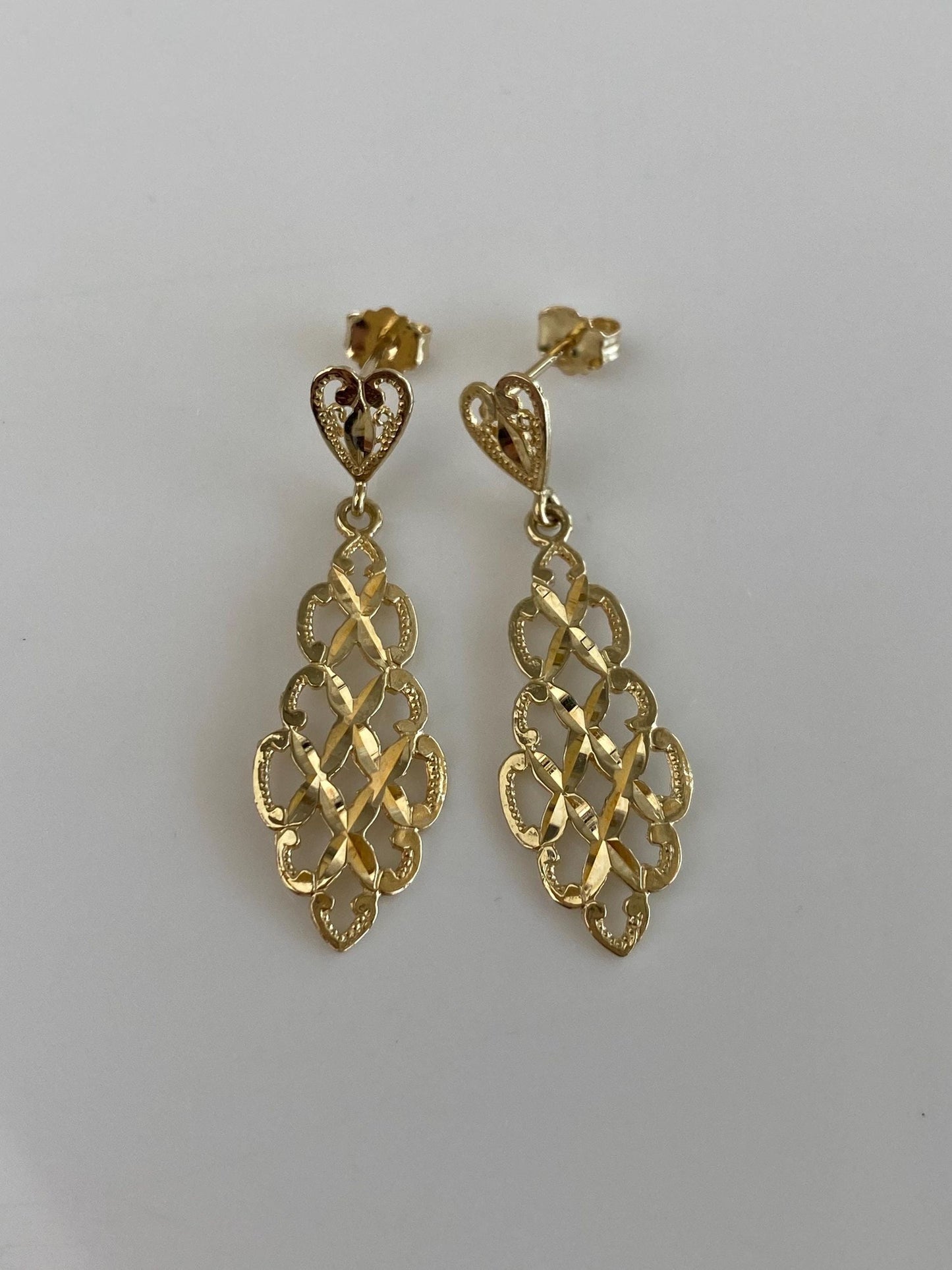 Vintage Solid 14k Yellow Gold Diamond Cut Dangle Stud Earrings