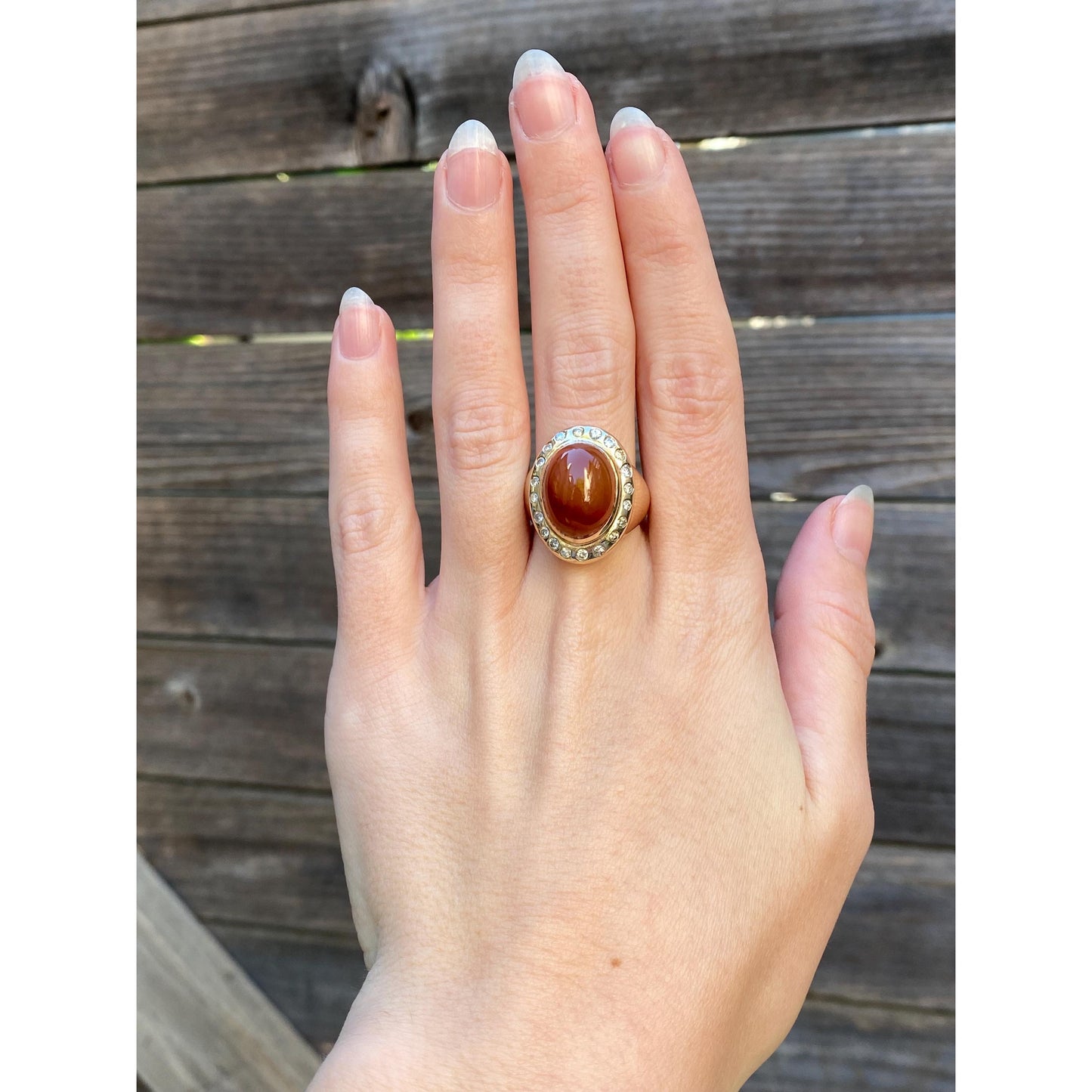 Vintage Solid 14k Yellow Gold Agate Diamond Halo Cigar Ring Band - Size 7