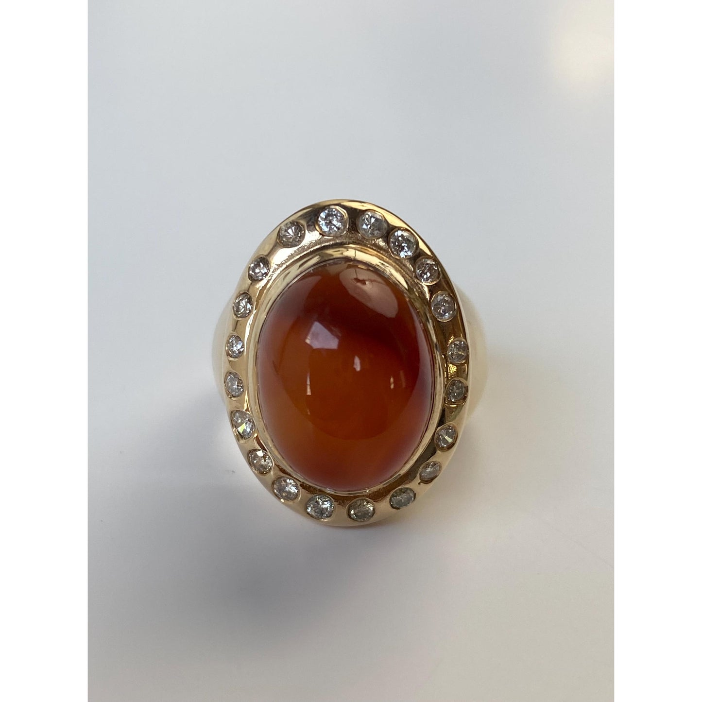 Vintage Solid 14k Yellow Gold Agate Diamond Halo Cigar Ring Band - Size 7