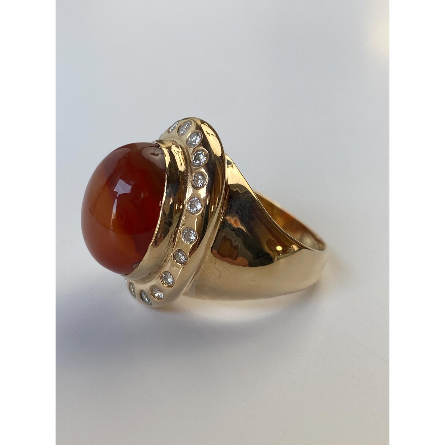 Vintage Solid 14k Yellow Gold Agate Diamond Halo Cigar Ring Band - Size 7