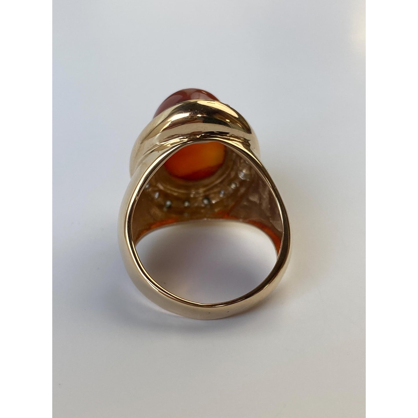 Vintage Solid 14k Yellow Gold Agate Diamond Halo Cigar Ring Band - Size 7