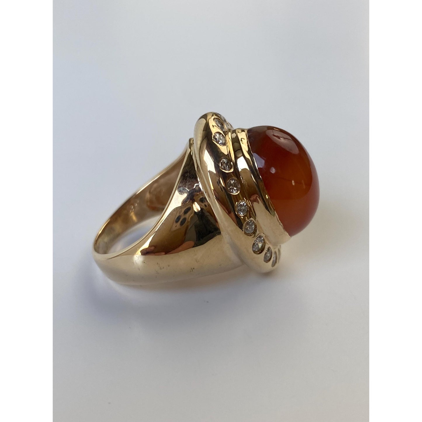 Vintage Solid 14k Yellow Gold Agate Diamond Halo Cigar Ring Band - Size 7