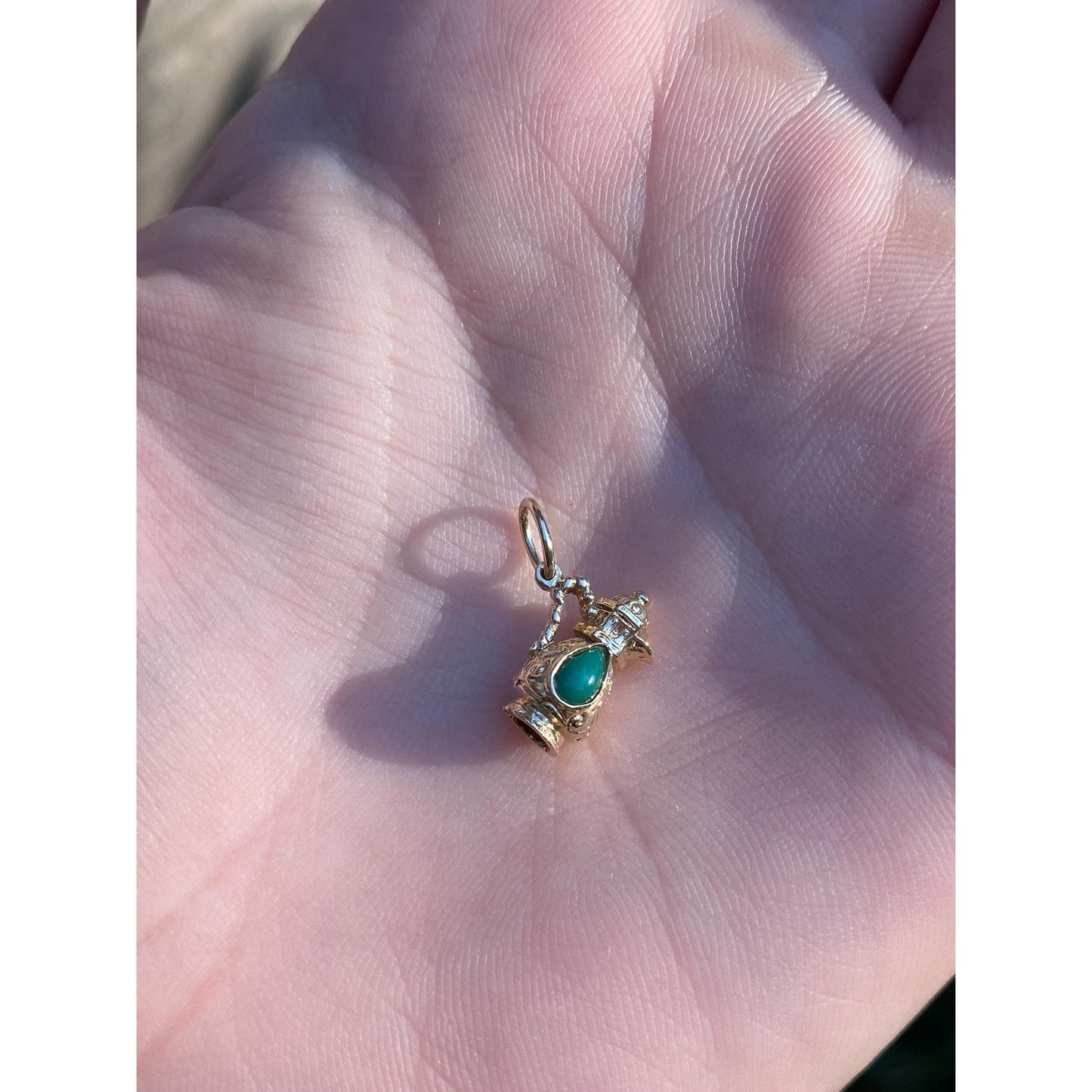 Vintage Solid 14k Yellow Gold Green Stone Vessel Charm