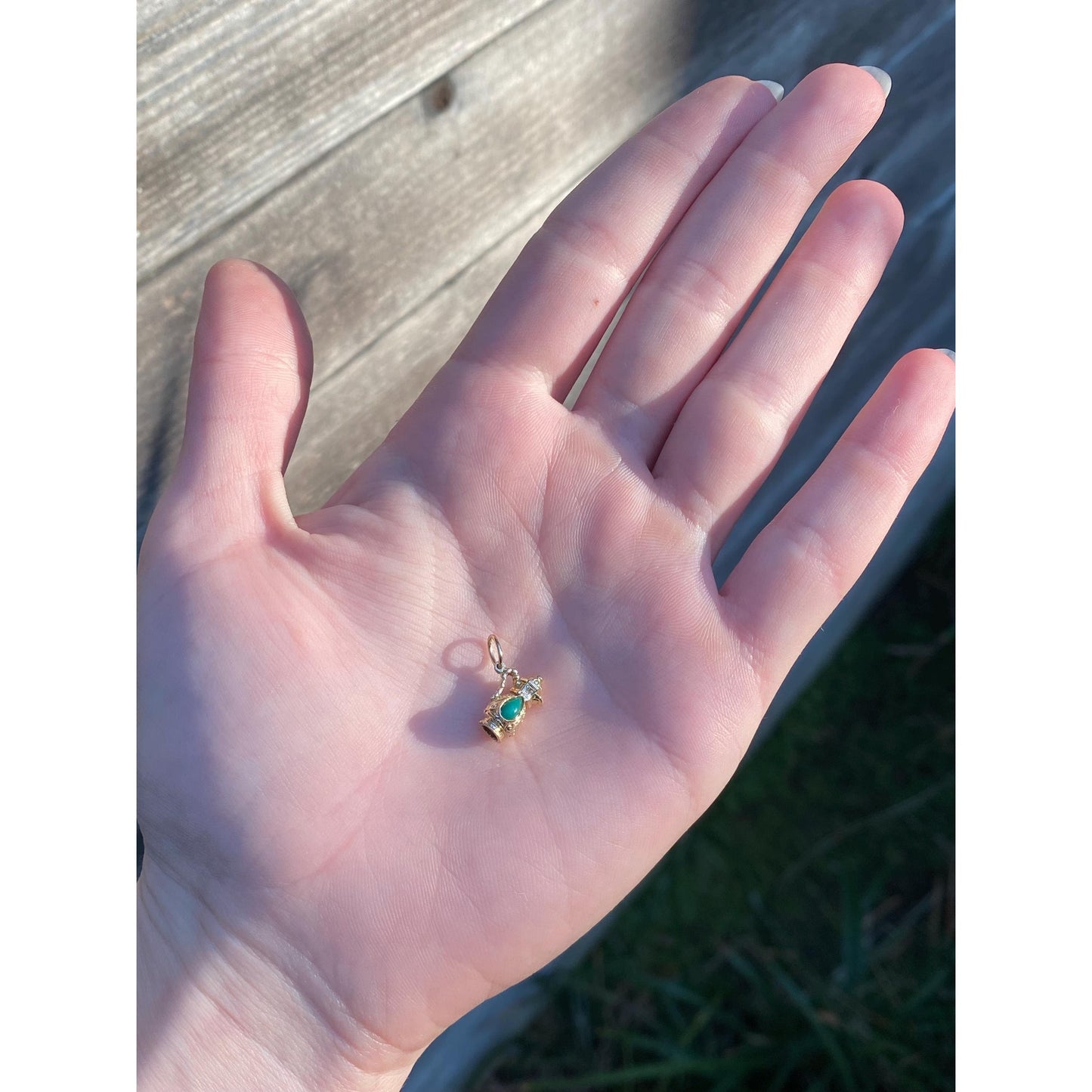 Vintage Solid 14k Yellow Gold Green Stone Vessel Charm