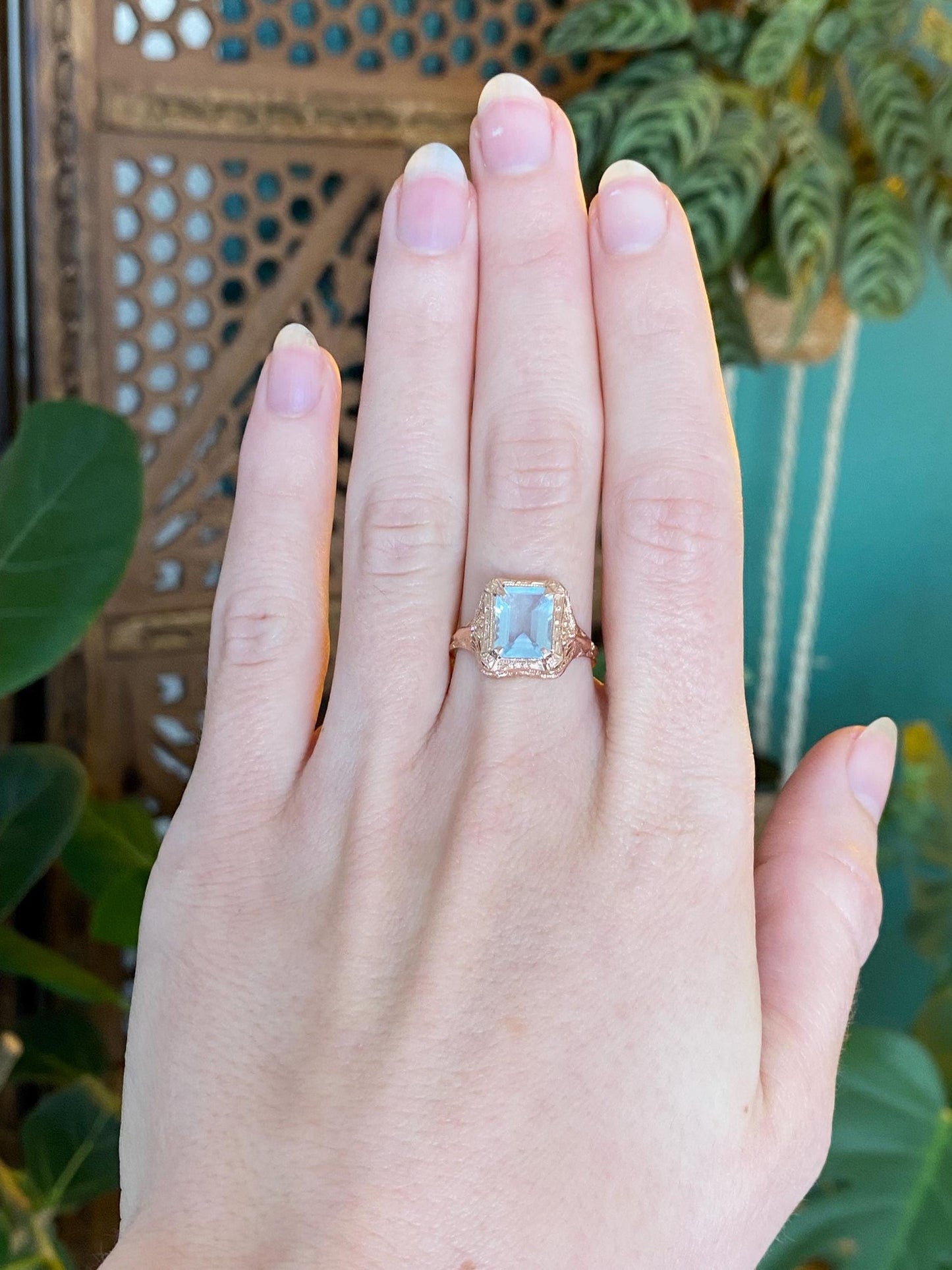 Vintage Solid 14k Rose Gold Aquamarine Art Deco Ring - Size 7.5