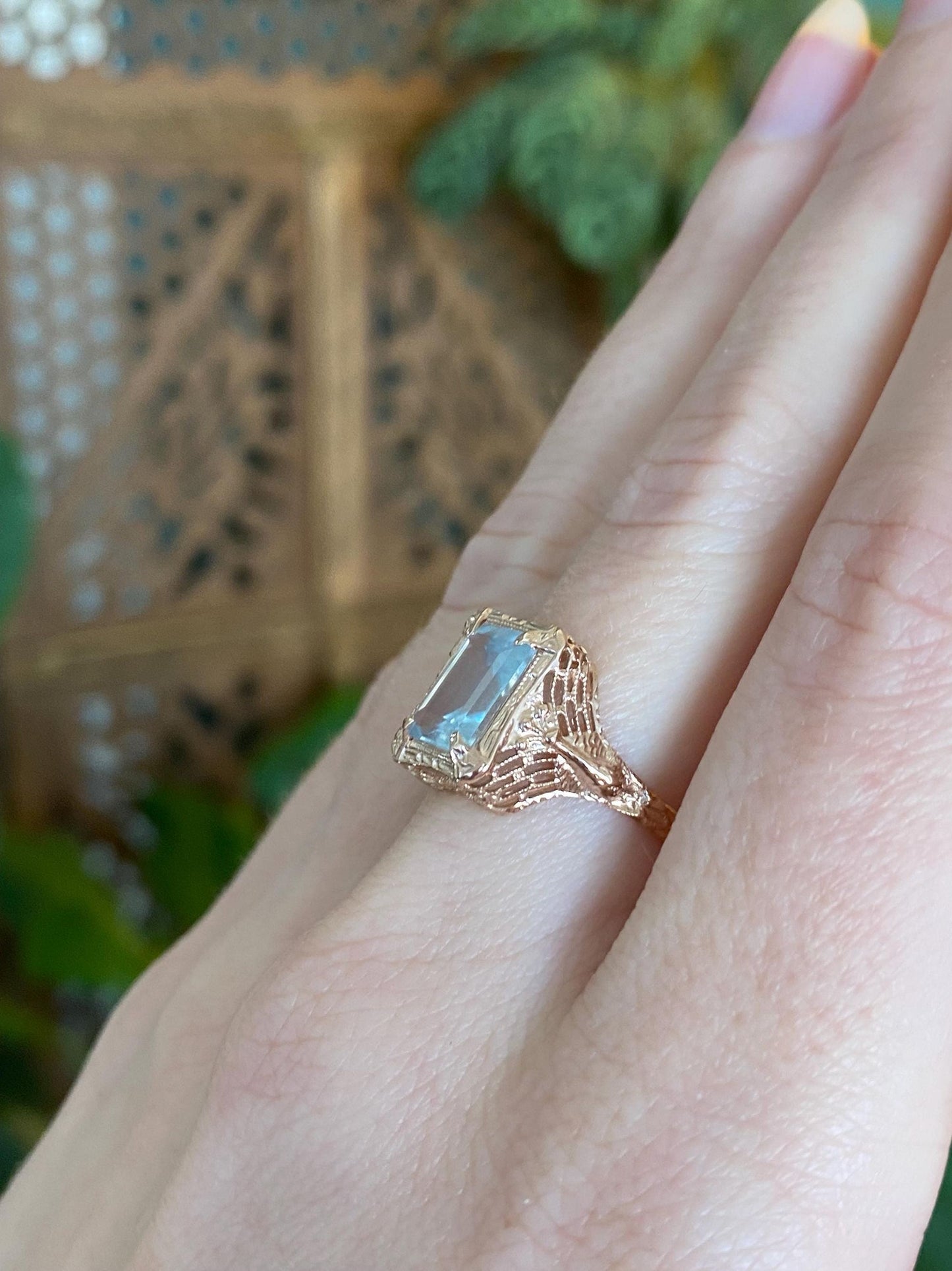 Vintage Solid 14k Rose Gold Aquamarine Art Deco Ring - Size 7.5