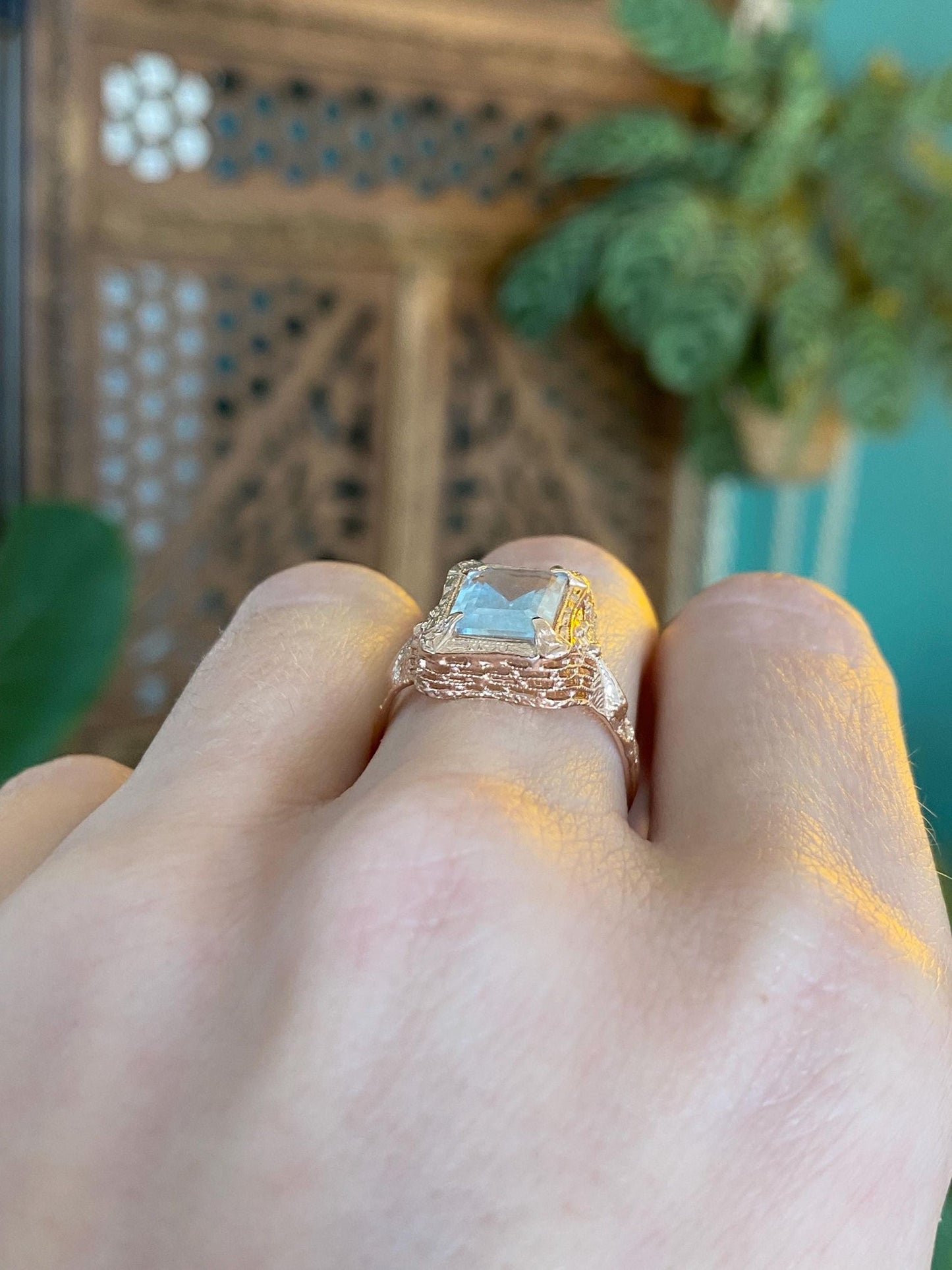 Vintage Solid 14k Rose Gold Aquamarine Art Deco Ring - Size 7.5