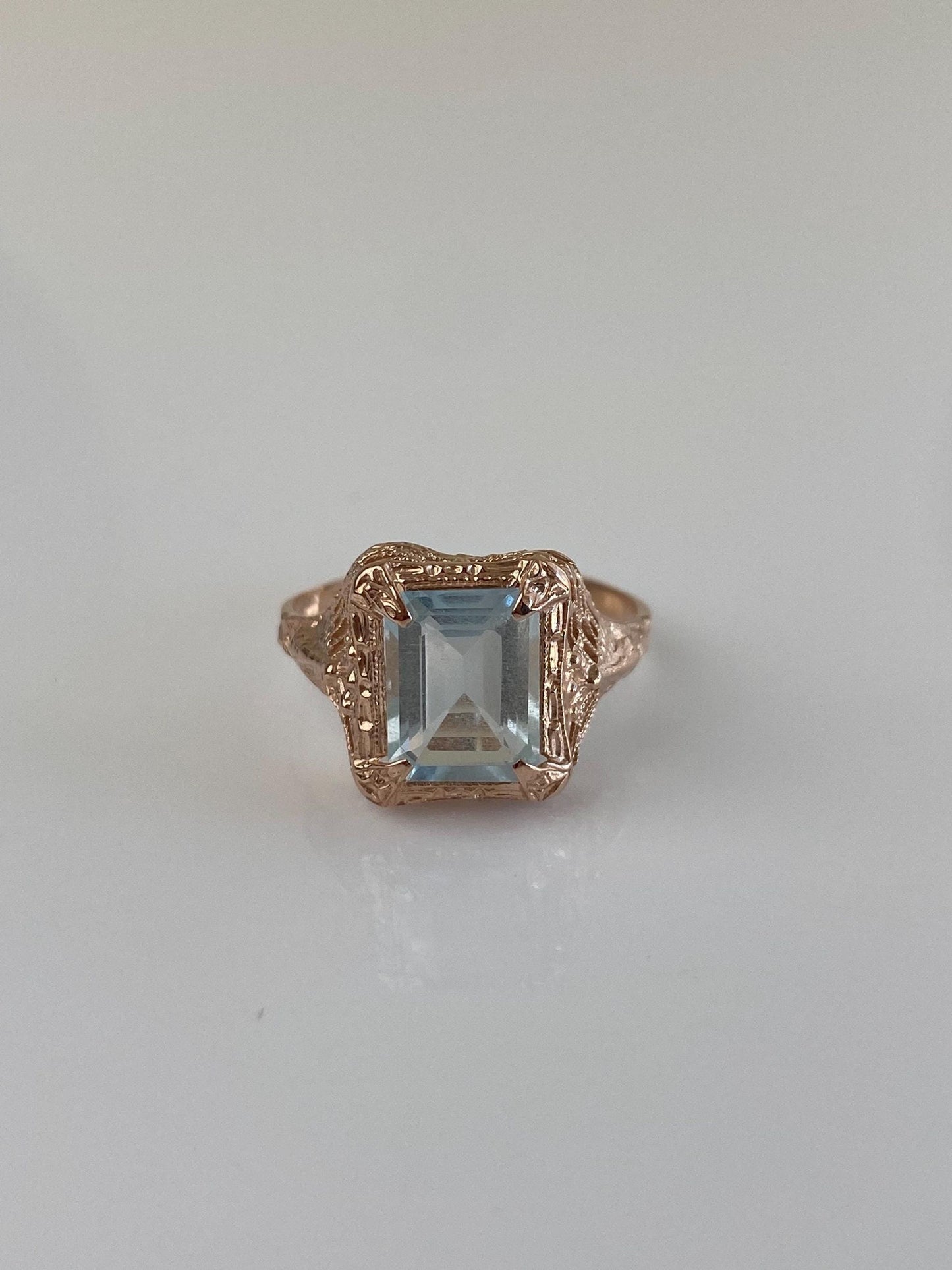 Vintage Solid 14k Rose Gold Aquamarine Art Deco Ring - Size 7.5