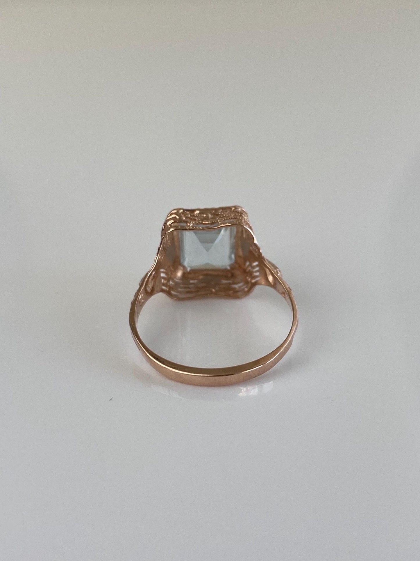 Vintage Solid 14k Rose Gold Aquamarine Art Deco Ring - Size 7.5