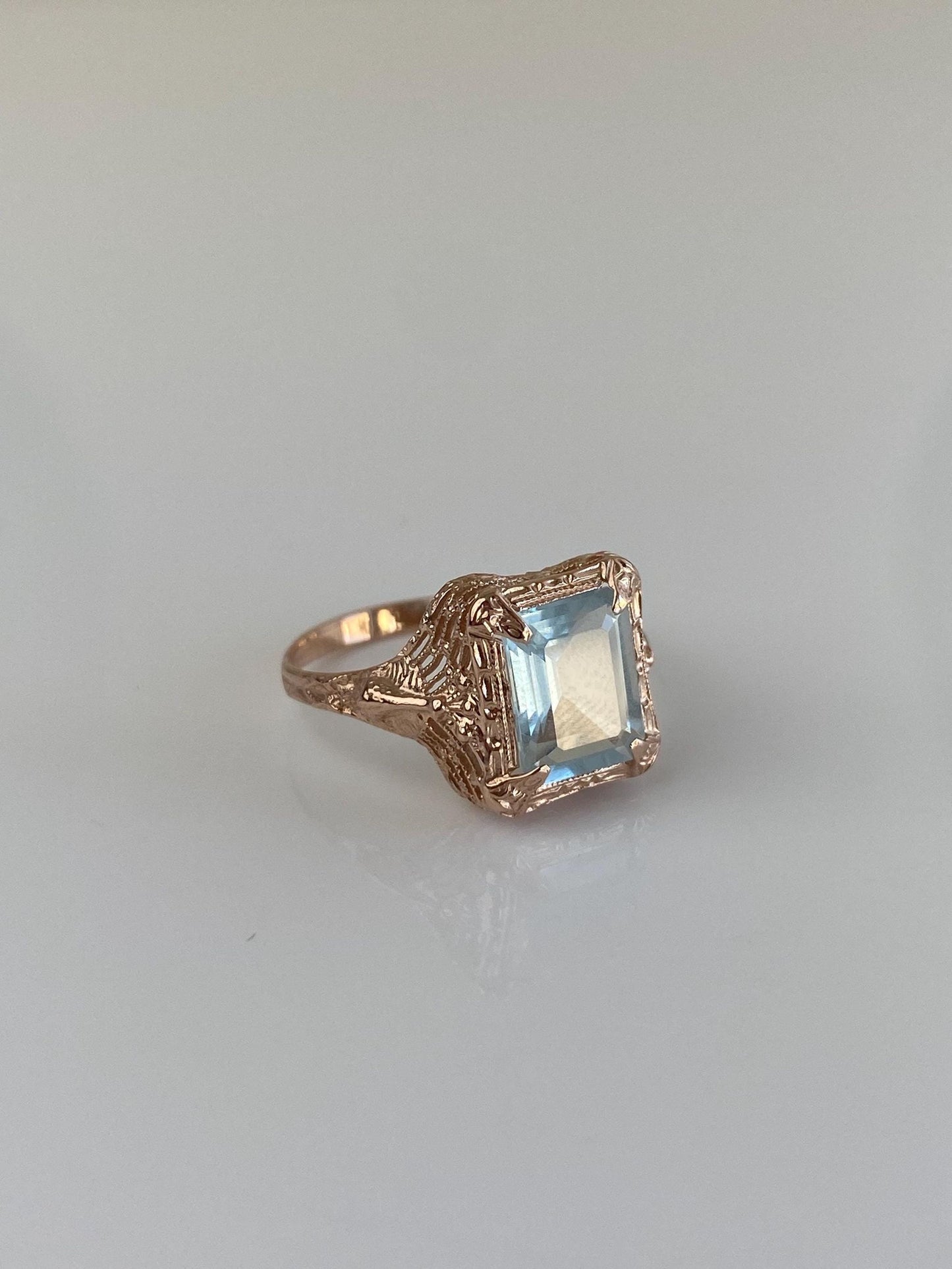Vintage Solid 14k Rose Gold Aquamarine Art Deco Ring - Size 7.5
