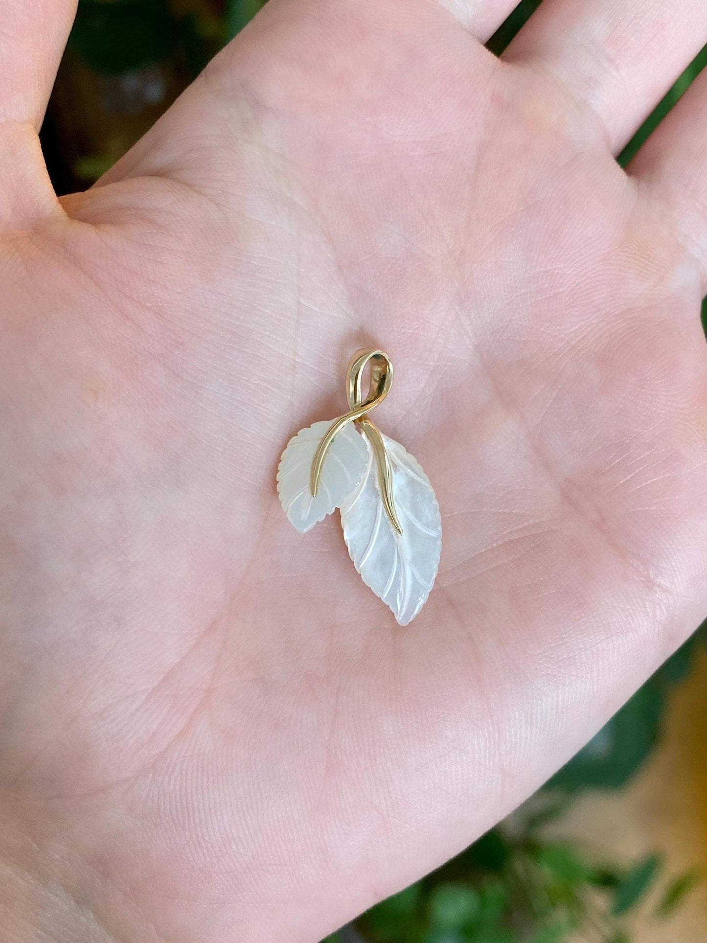 Solid 14k Yellow Gold Mother of Pearl Leaves Charm