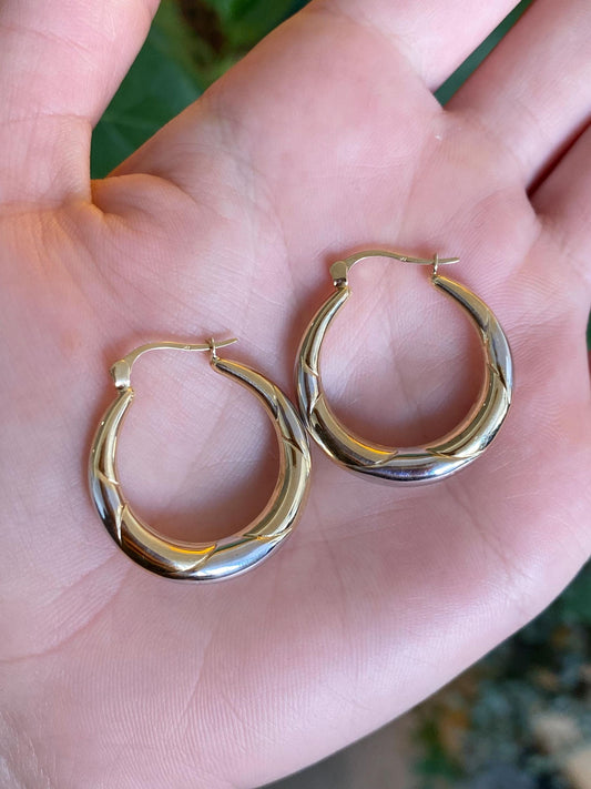 Vintage 14k White & Yellow Gold Design Hoop Earrings