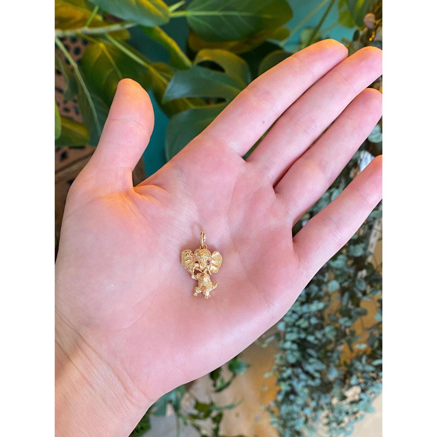 Vintage Solid 14k Yellow Gold Pink Spinel Baby Elephant Charm