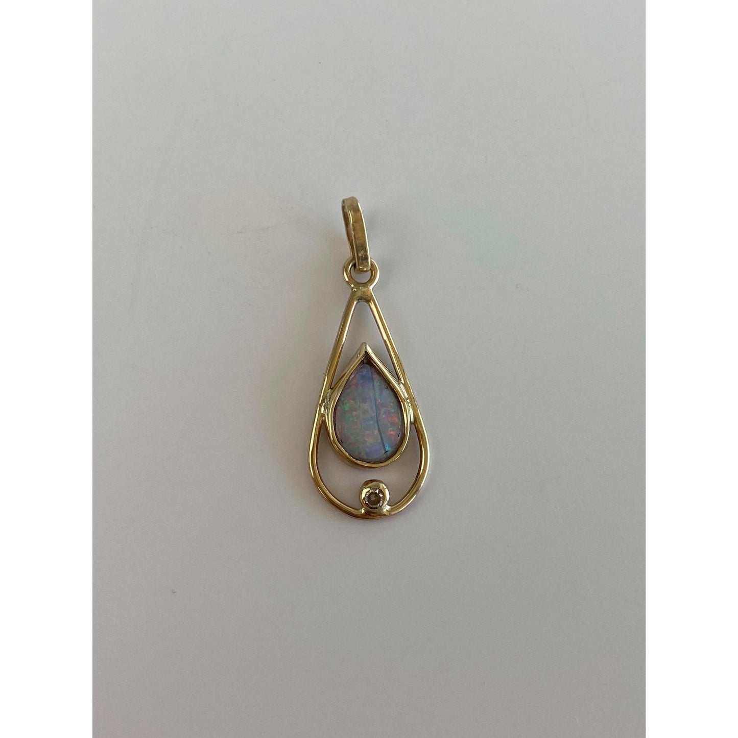 Vintage Solid 10k Yellow Gold Diamond Opal Teardrop Charm